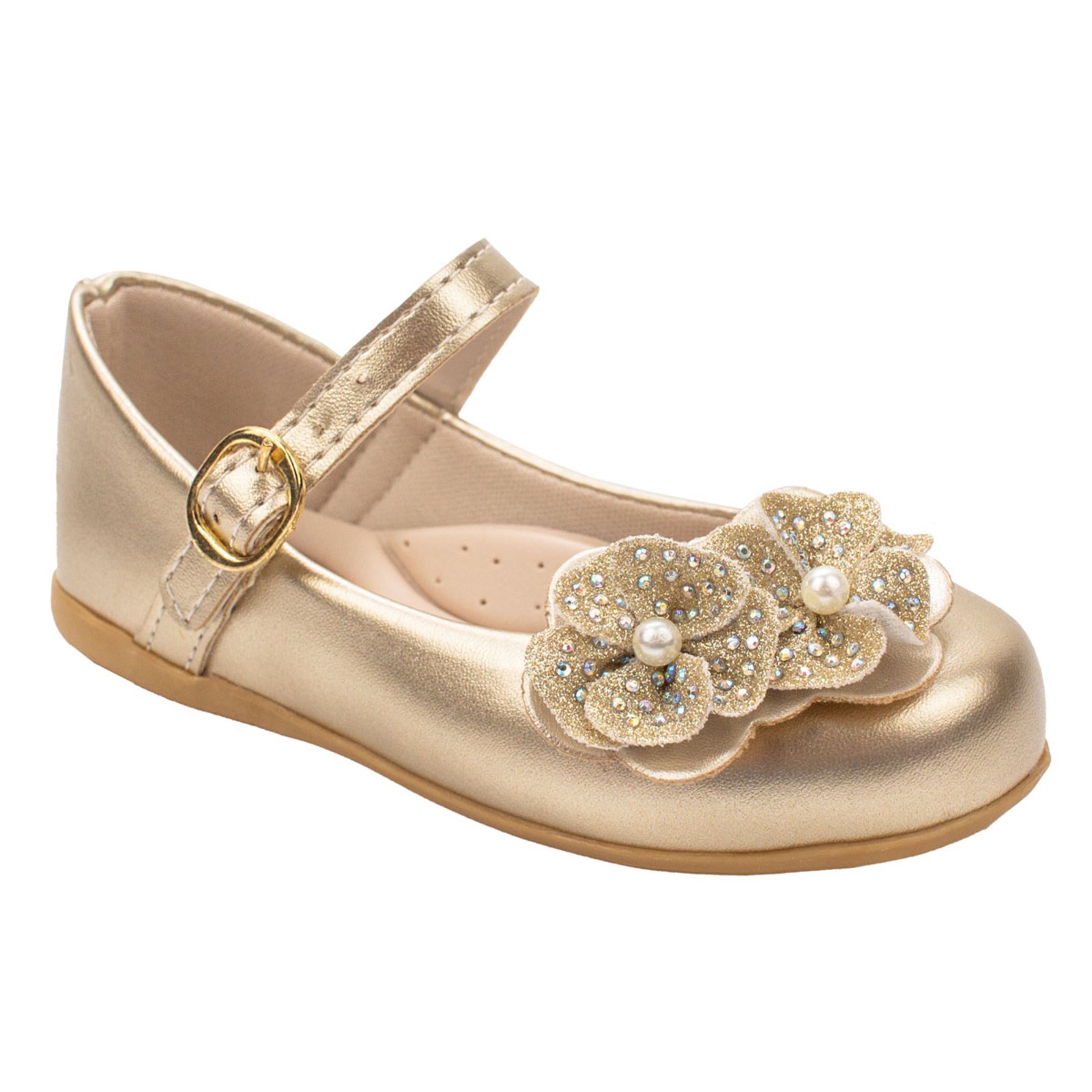 Infantil – Sapatilha Boneca Festa Casual Flor de Glitter e Perolas 2030 – Dourado