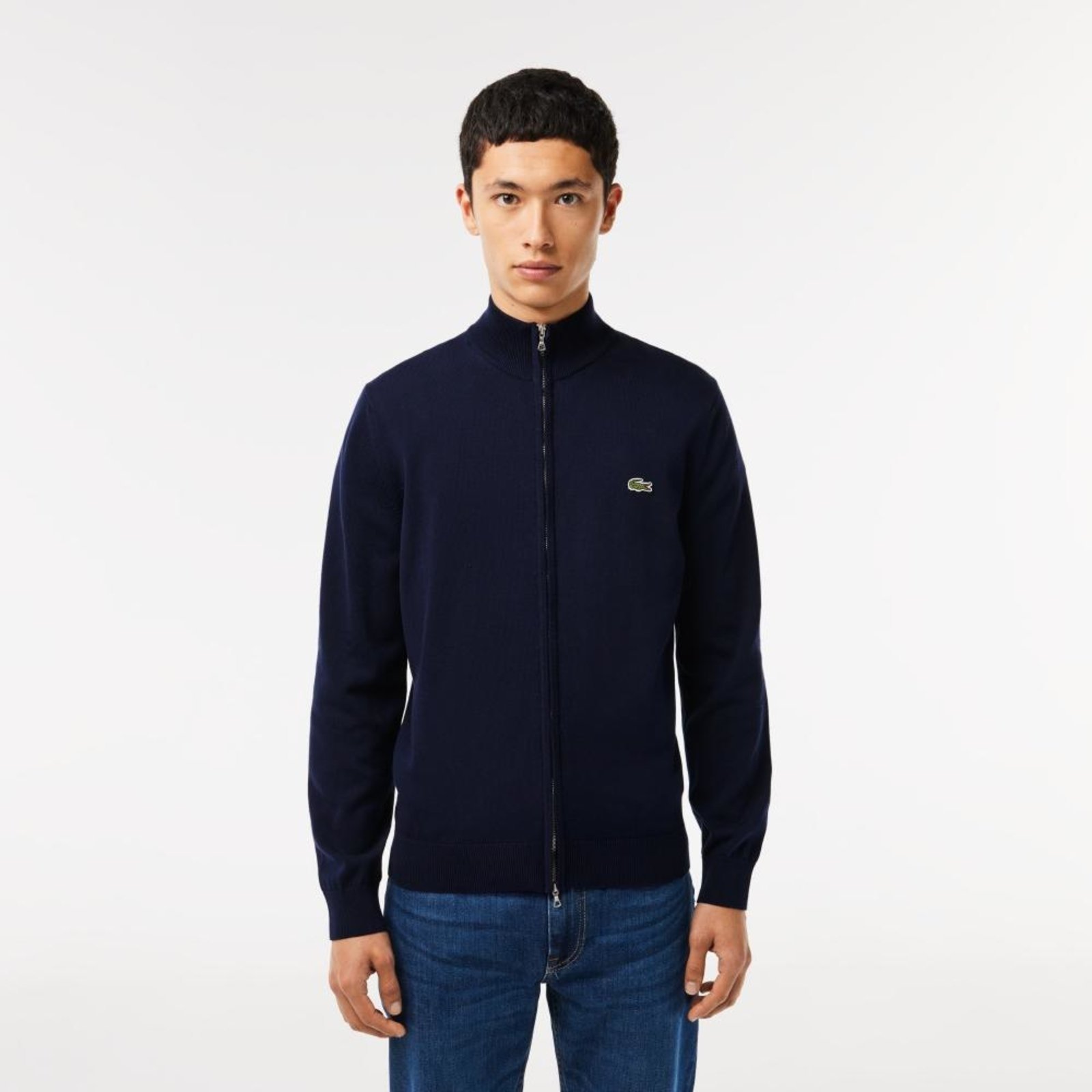 Suéter Lacoste masculino com Zíper e Gola Alta de Algodão Orgânico Azul