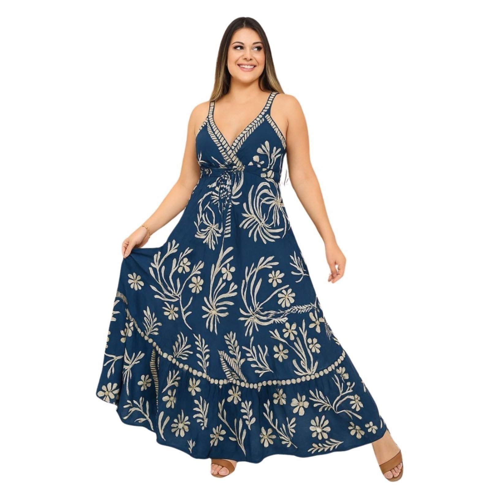 Vestido Feminino FMF Indiano Longo Estampado Luxo Azul