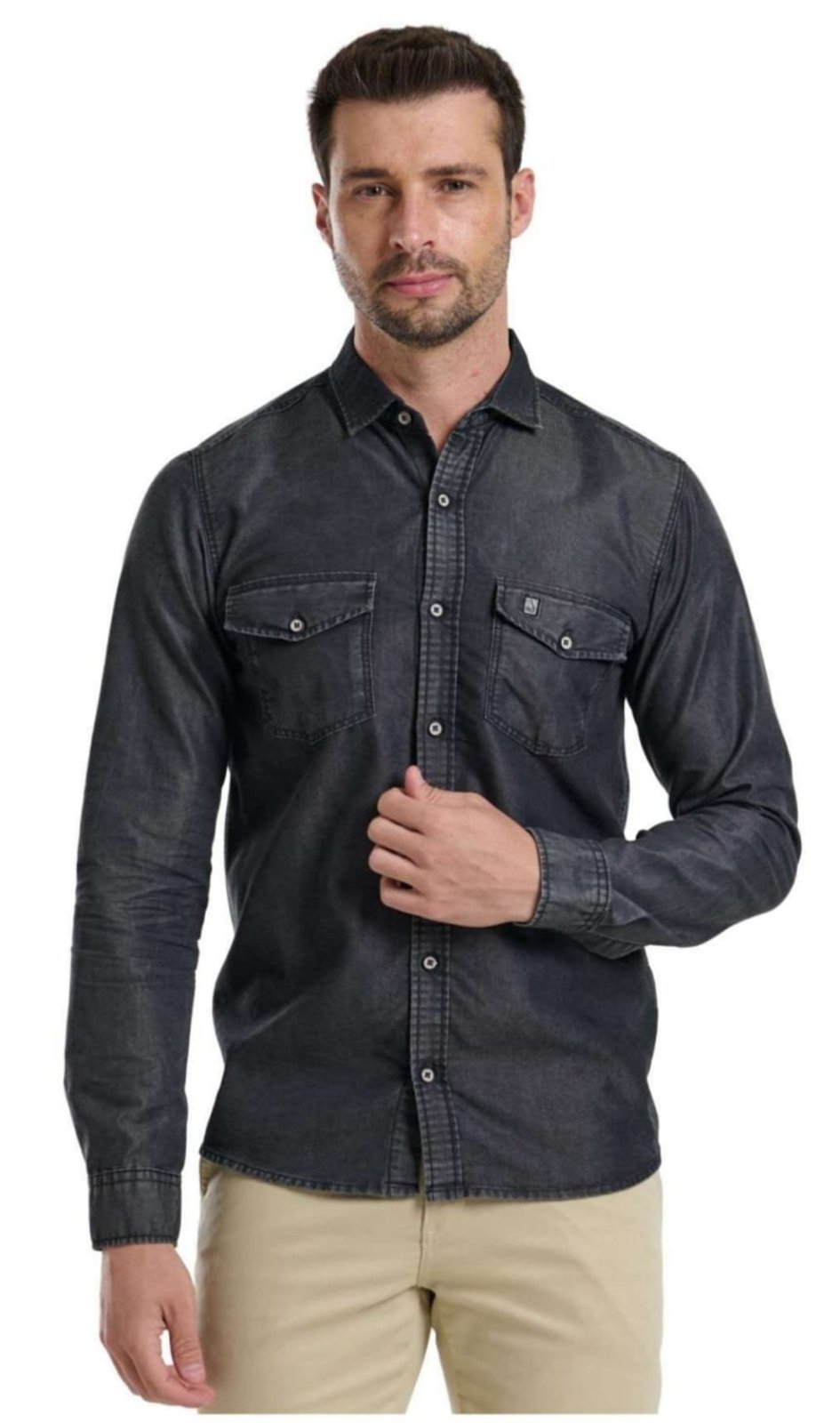 Camisa Jeans Amil Comfort Score Com 2 Bolsos Macia Manga Longa Luxo Preto