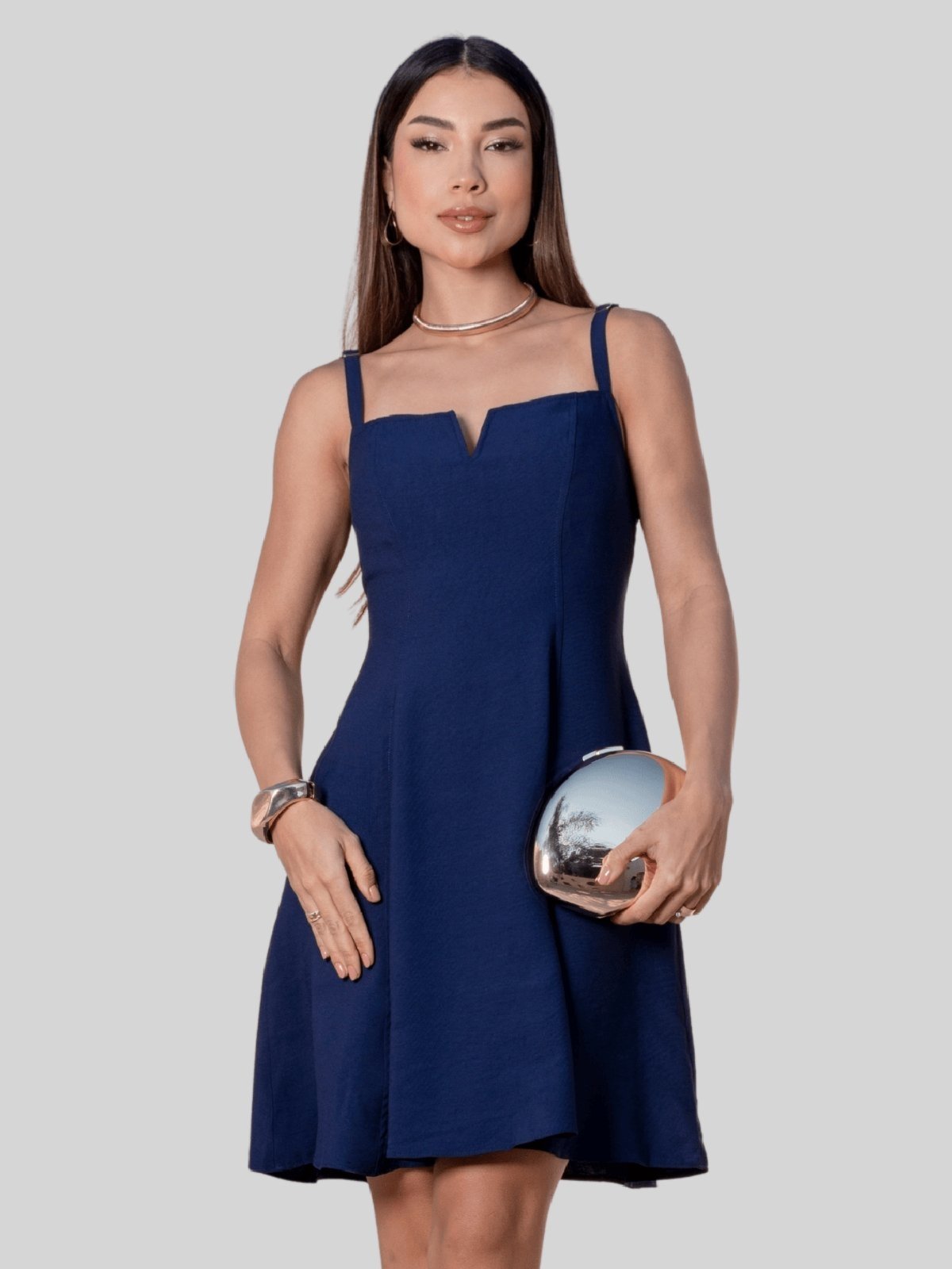 Vestido Miss e Misses Lorena Evase C/Alcas Bolso Marinho