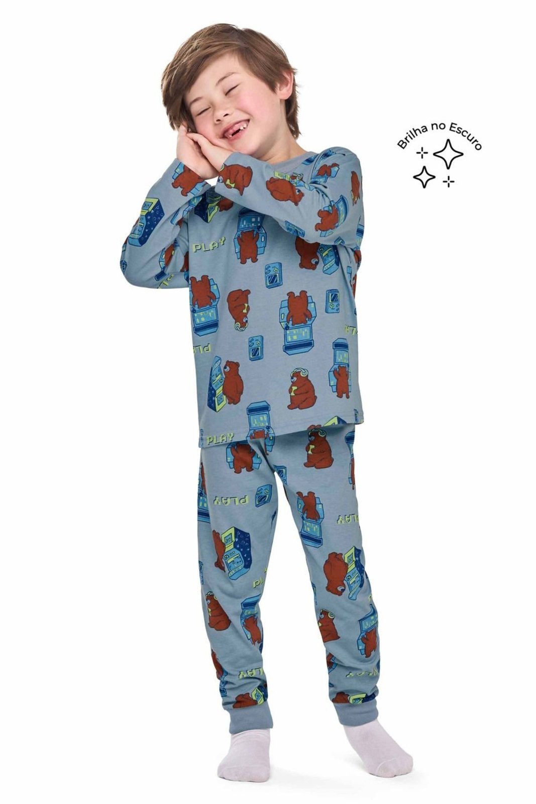 Pijama Longo Menino Ursinho Gamer Elian Azul