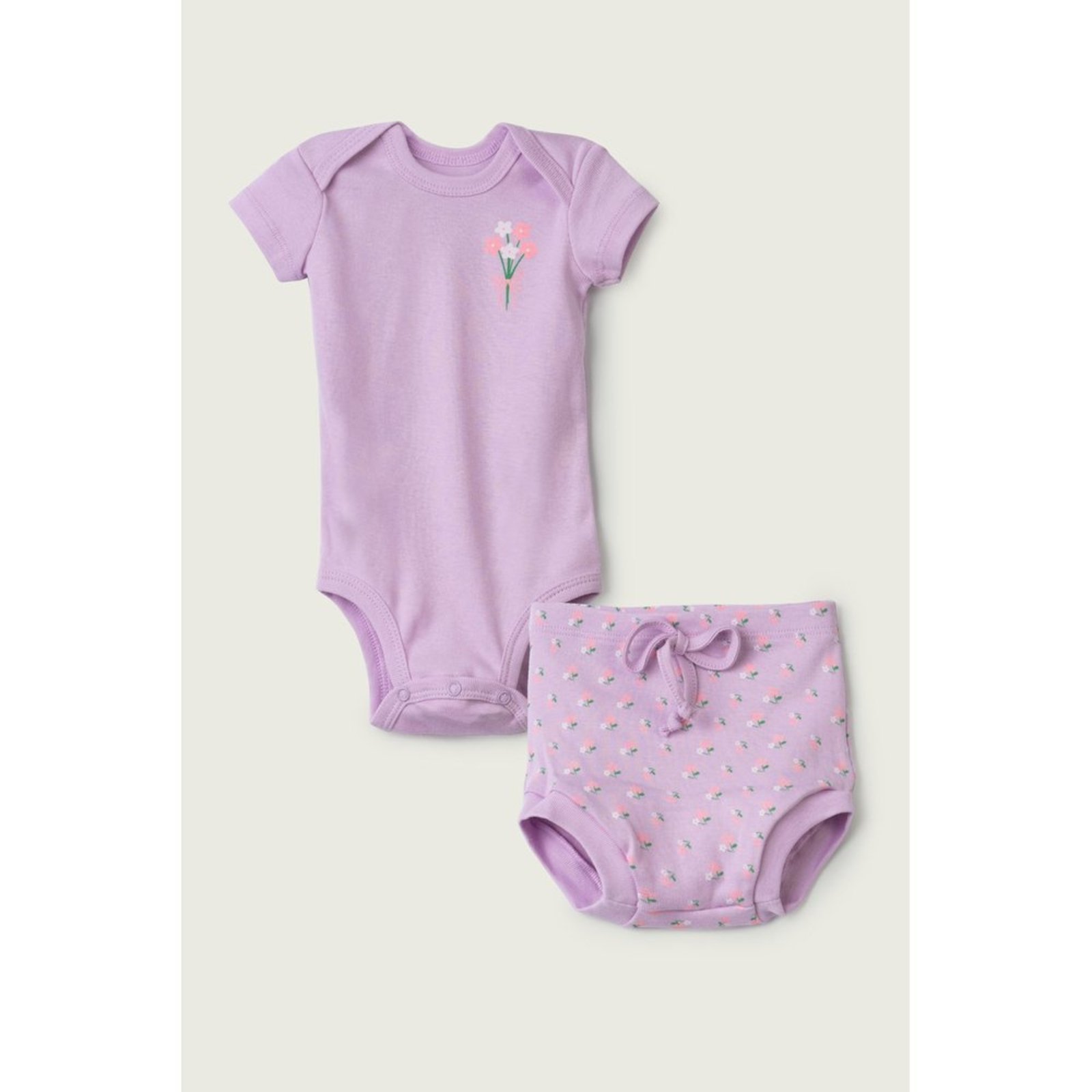 Infantil - Conjunto Body Curto e Tapa Fralda do Papai Lilás Flores