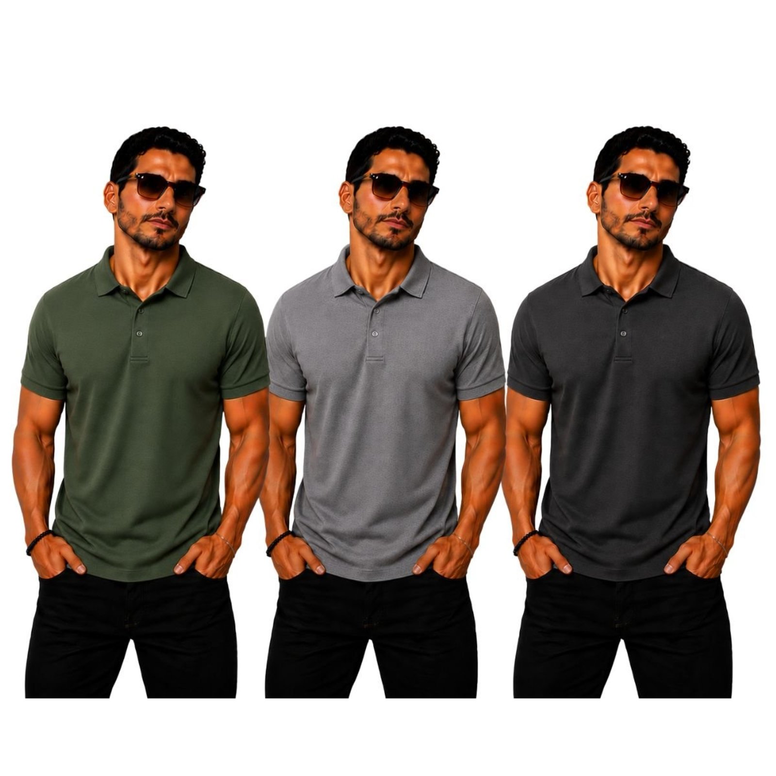 Kit 3 Camisas Polo Poliamida Masculina Básica Premium Multicolorido