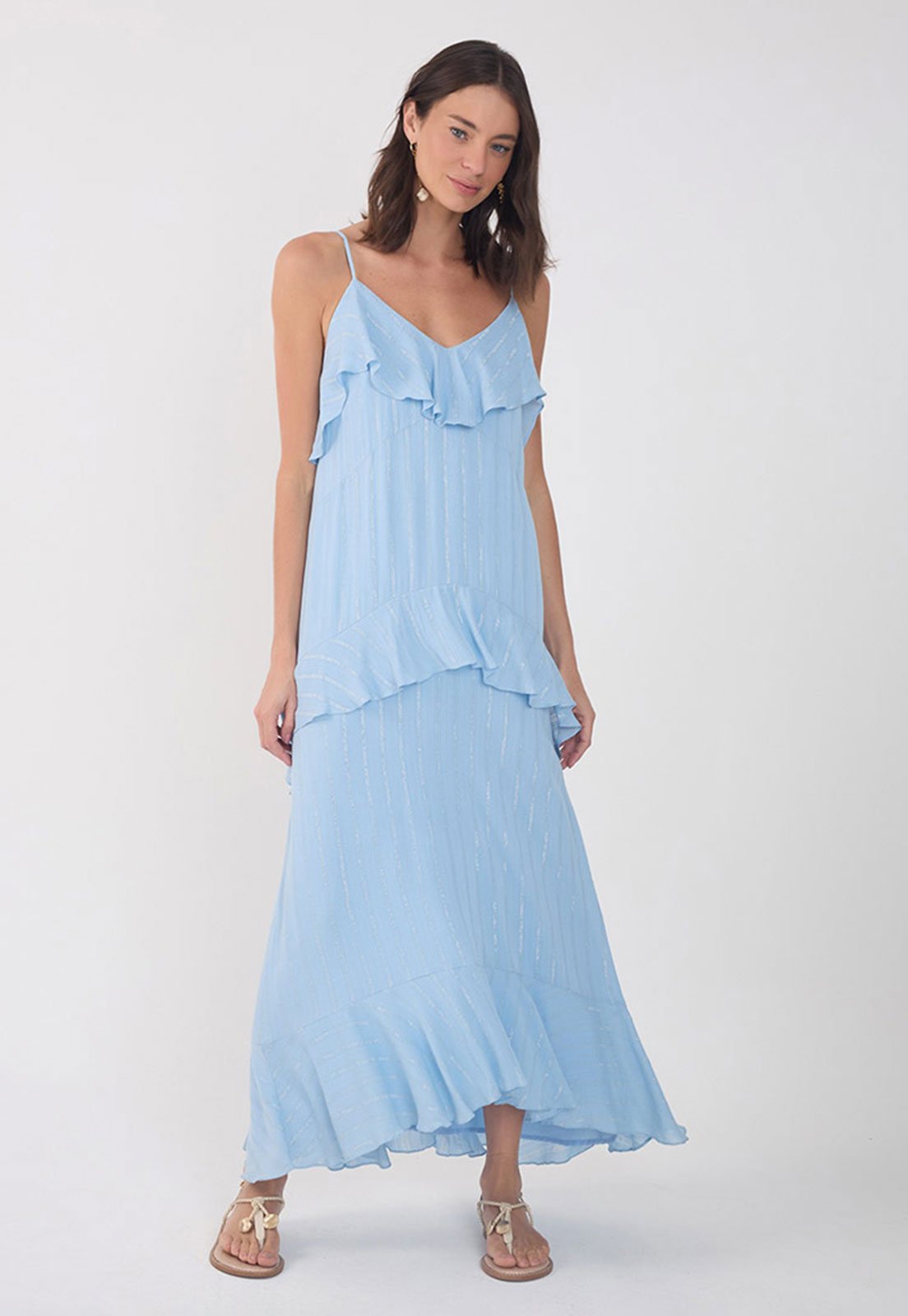 Vestido Dress To Longo Babado Fio Lurex Azul