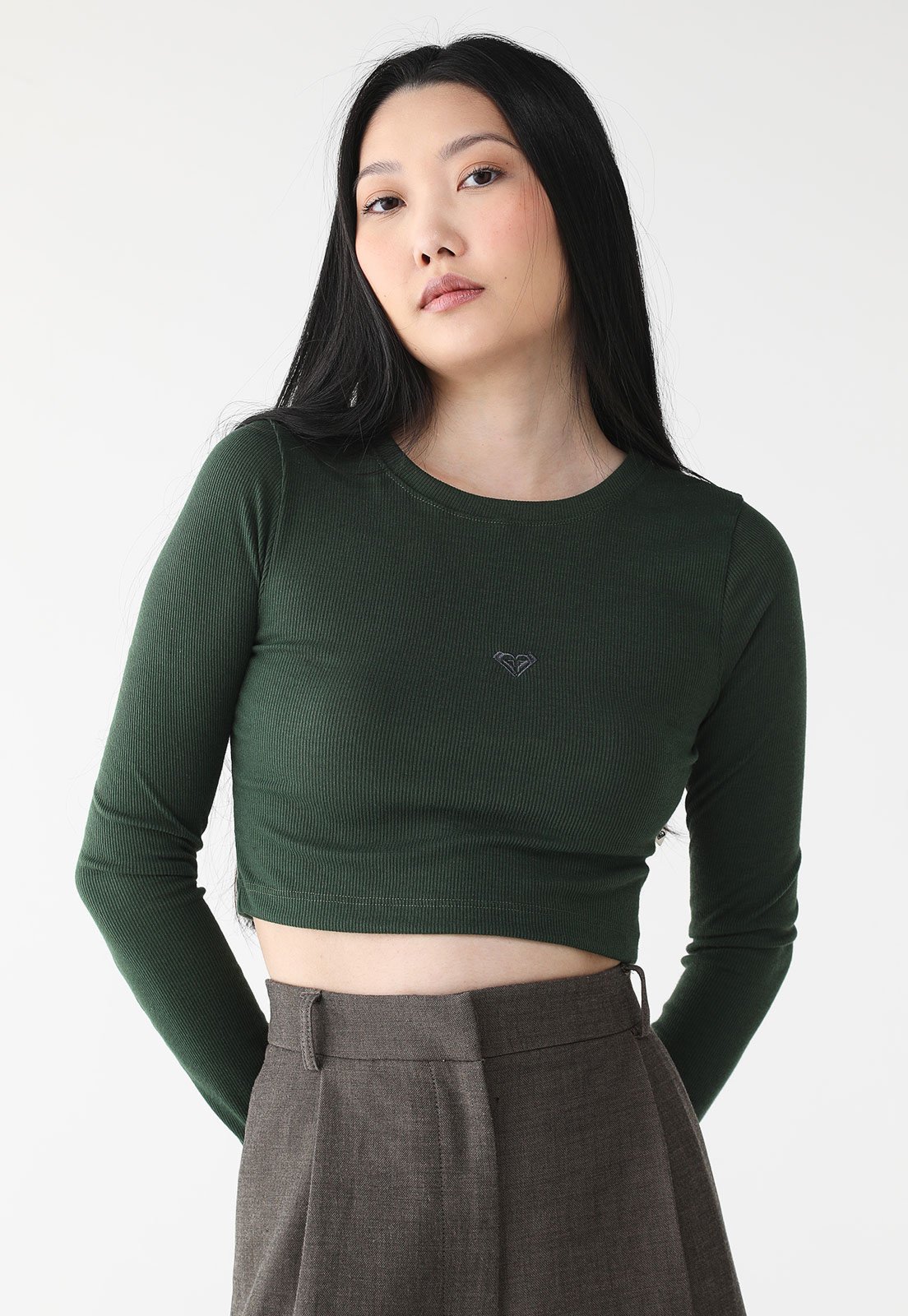 Blusa Cropped Canelada Roxy Ajustada Logo Verde