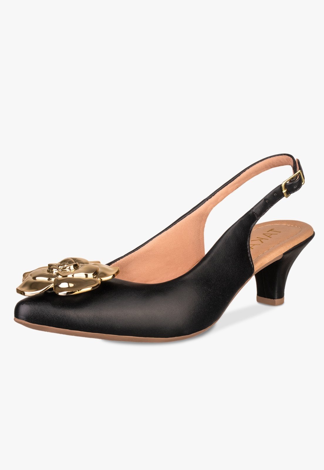 Scarpin Slingback Feminino Takata Salto Baixo Fino Sapato Boneca Mary Jane Flor Preto Sintético