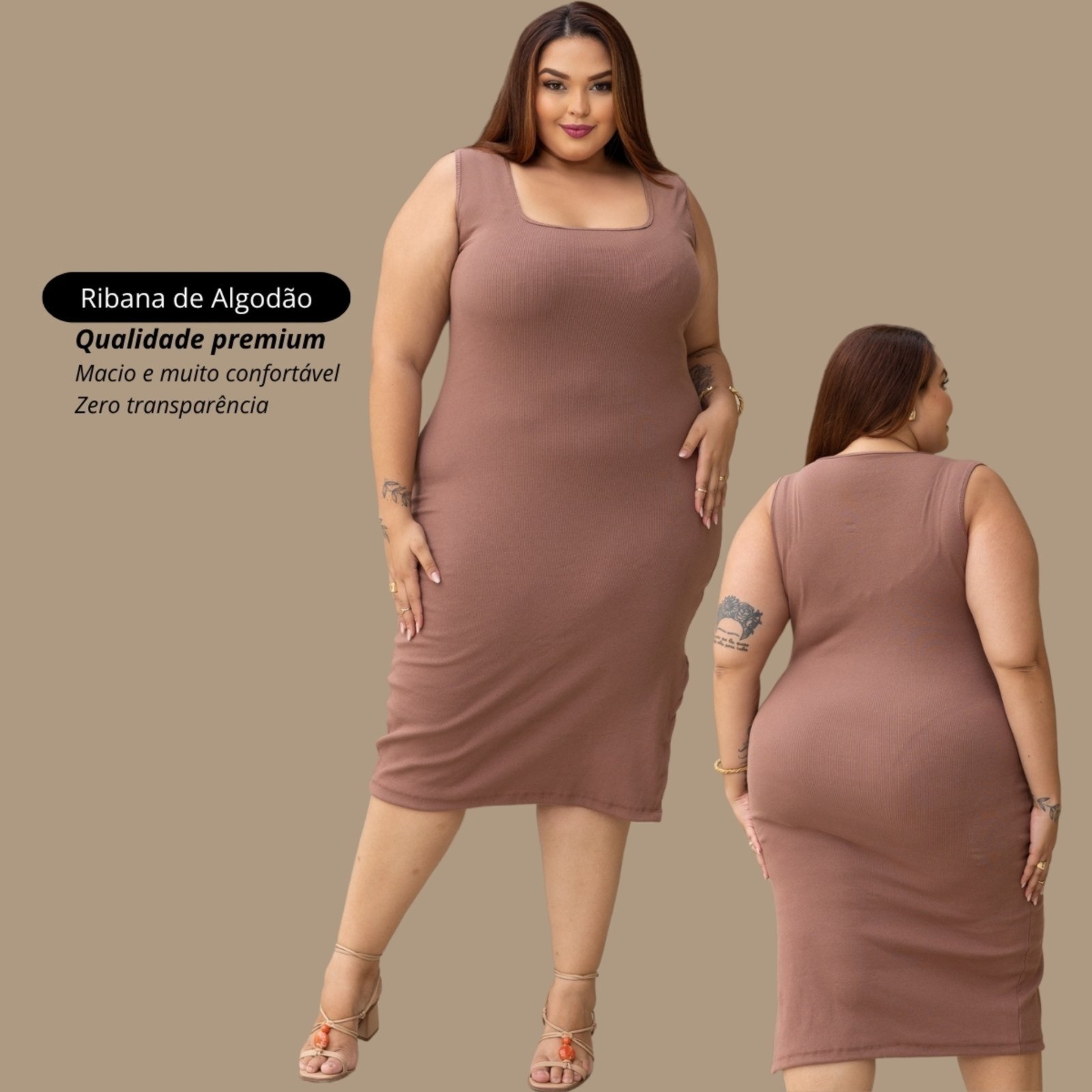 Vestido Garota Urbana Fashion Plus Size Chocolate feminino Ribana canelado premium sem manga