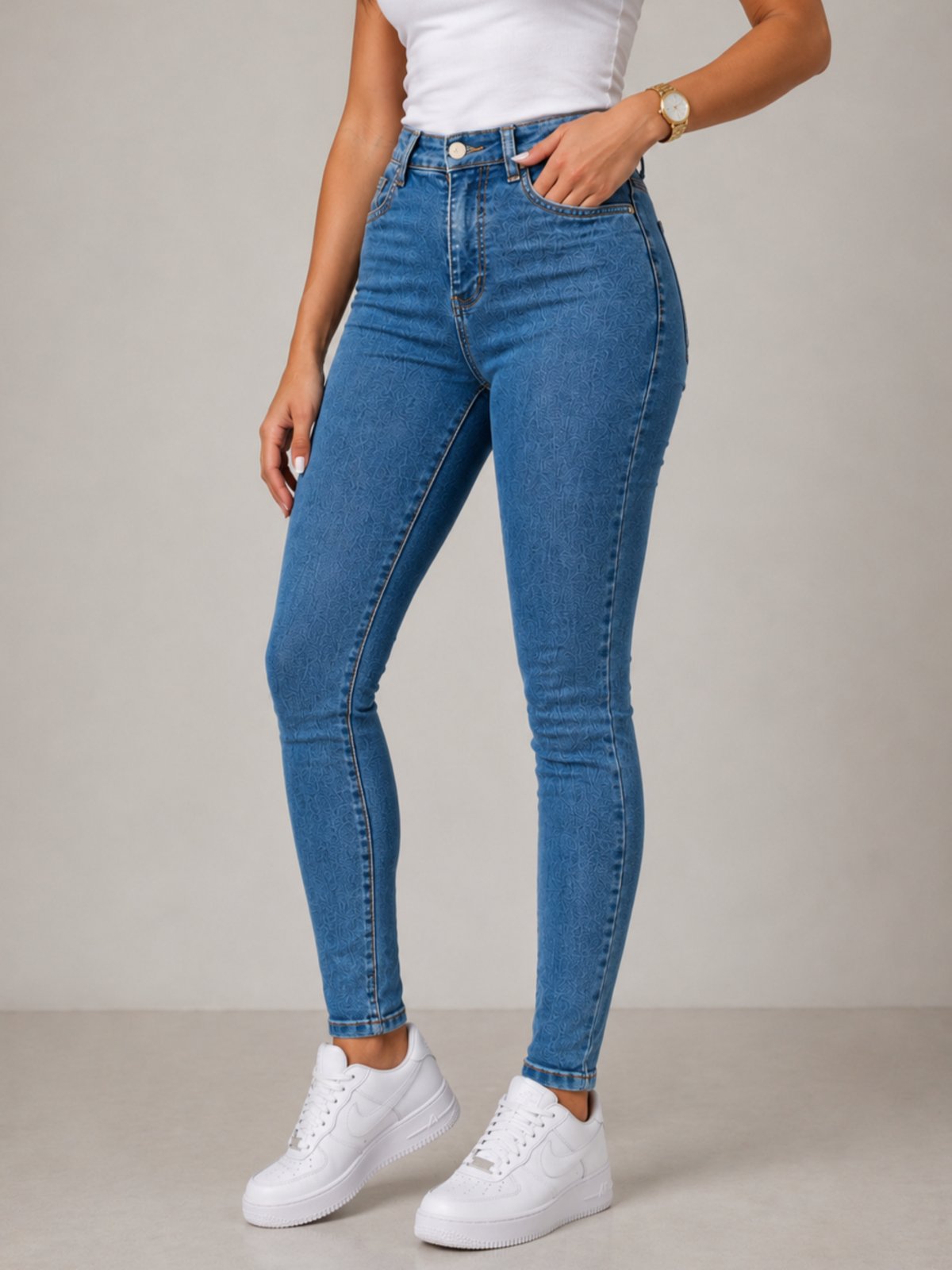 Calça Jeans Feminina Skinny Cintura Alta Purple Jeans Azul Texturizada Premium Modelagem Ajustada