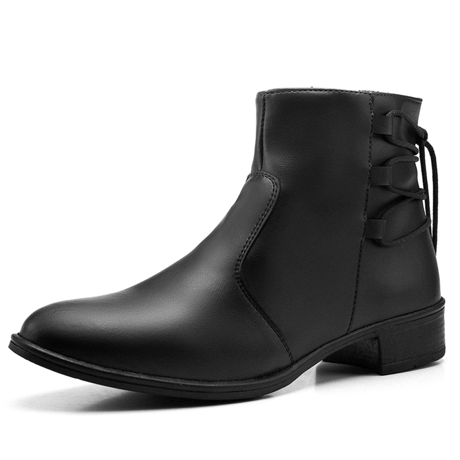 Bota Feminina Cano Baixo Bredeni Coturno Com Ziper Lateral Salto Baixo Detalhe Amarrar Preto