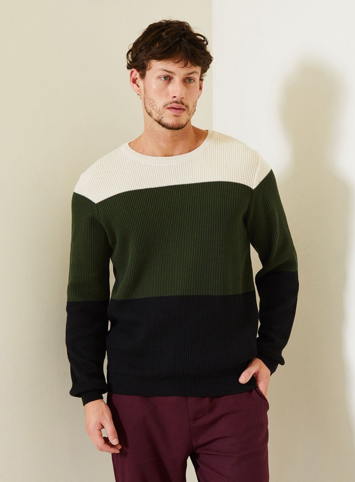 Suéter Tricô Masculino Fleece Triton Branco/Verde/Preto