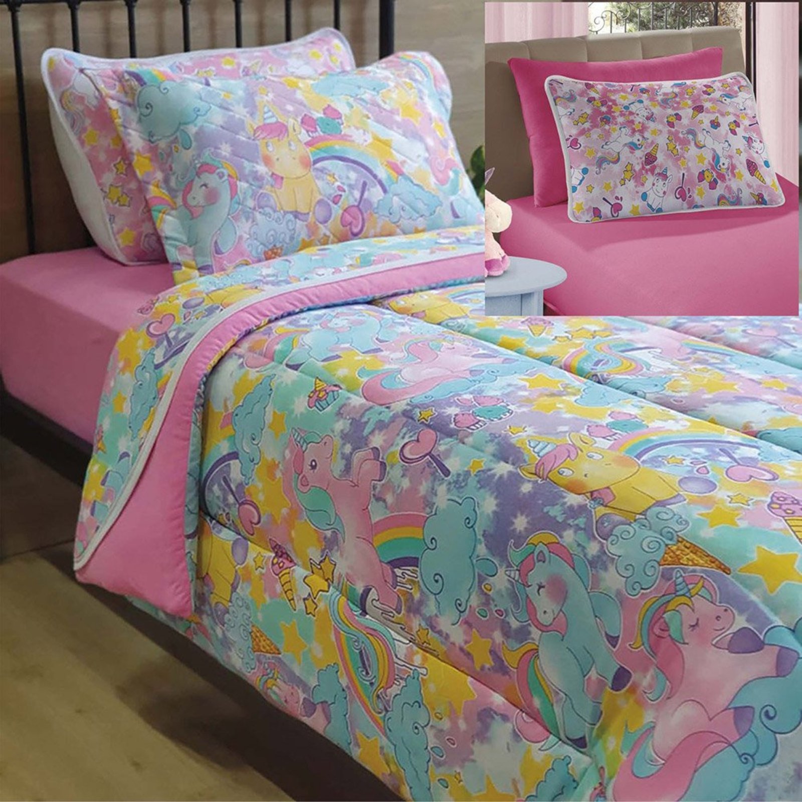 Kit Coordenado Edredom com Lençol Solteiro Mymo - Unicornio - 100% Algodão