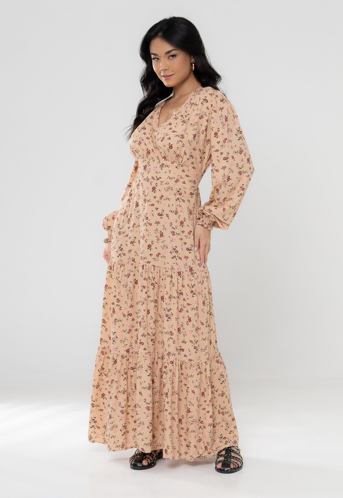 Vestido Aura Longo Dalila Florzinha Bege
