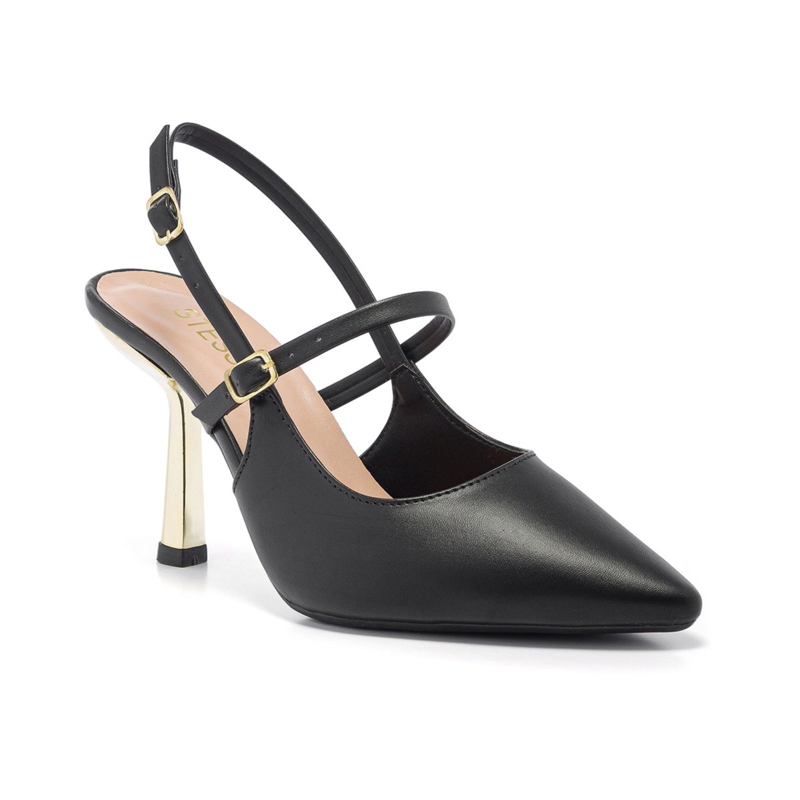 Scarpin Slingback Feminino Stessy Salto Alto Metalizado Com Fivela Preto