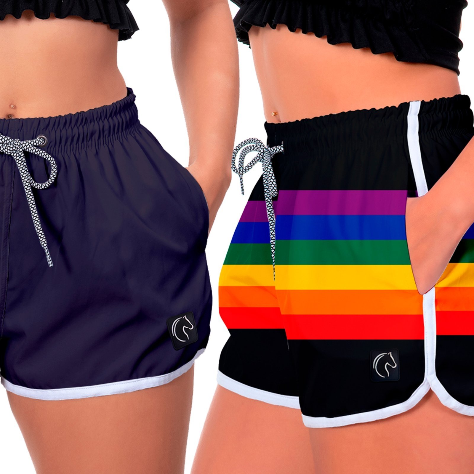 Kit 2 Shorts Feminino Premium Secagem Rápida com Elástico Cordão Ajustável e Bolsos Moda Praia Casual ou Treino Academia Azul Marinho e Arco-Íris