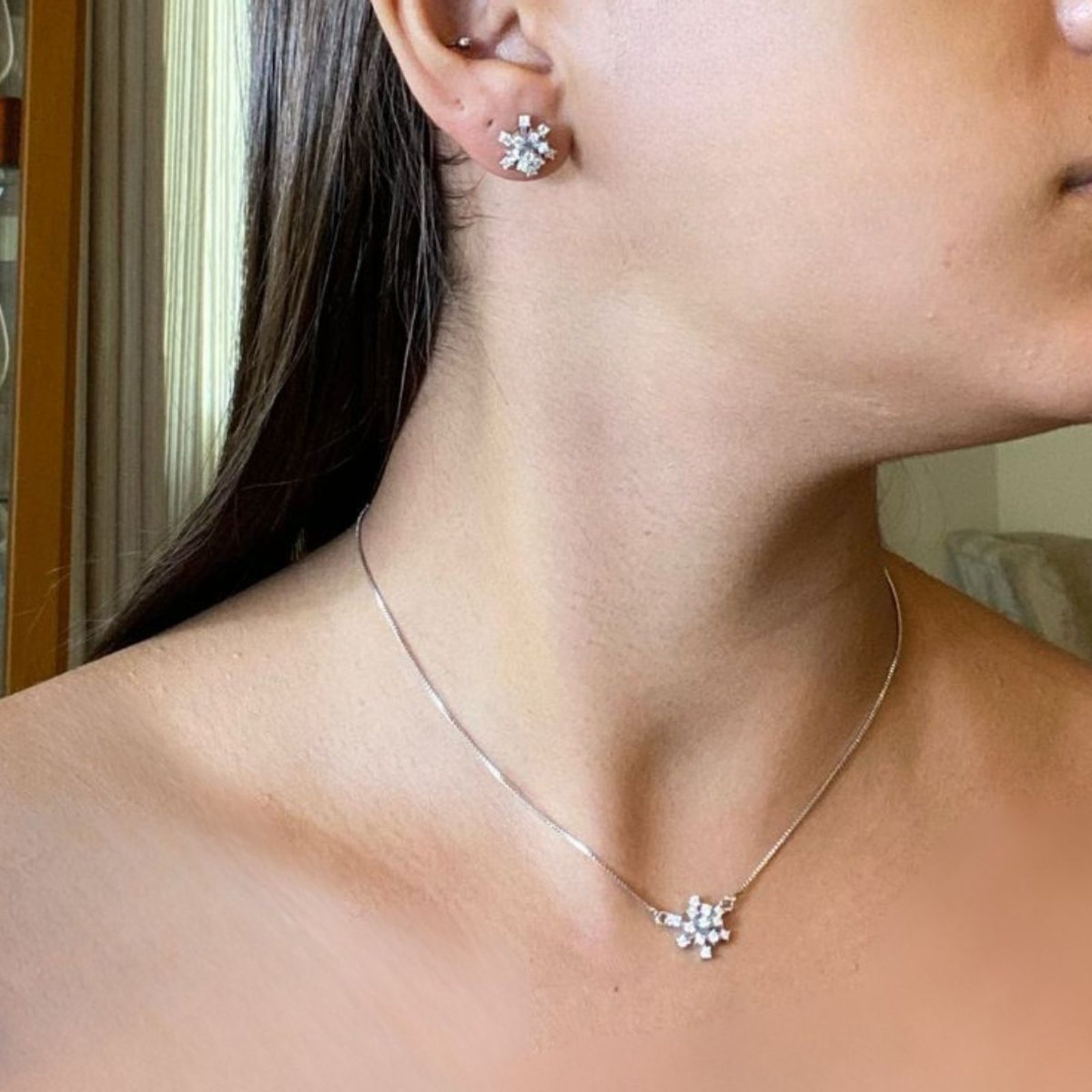 Conjunto FMF Micro Pedra Prata Ródio Branco Brinco e Colar