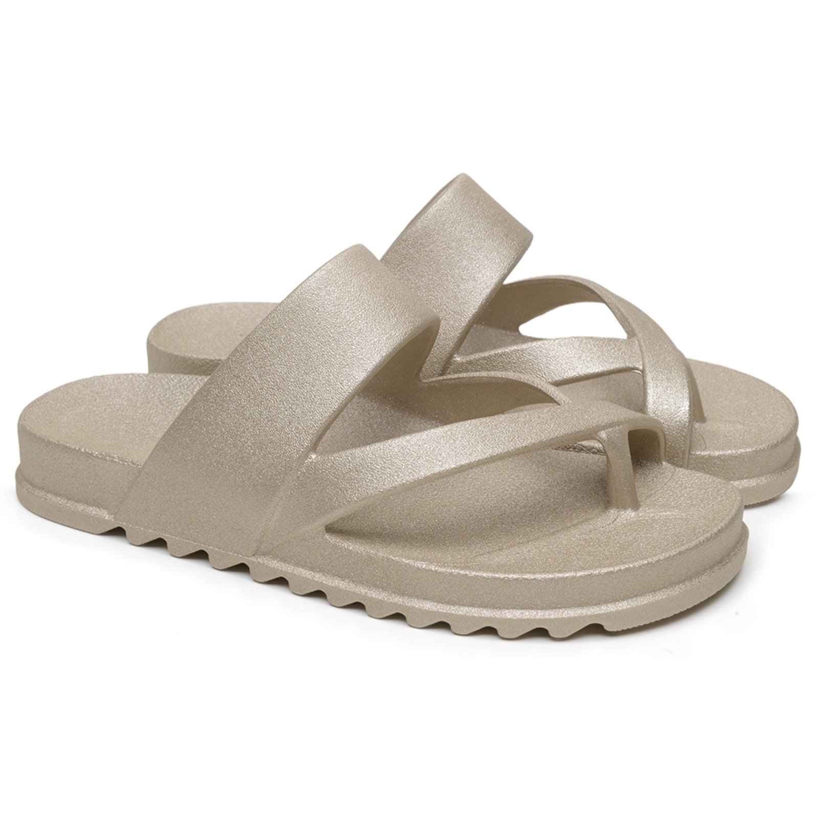 Chinelo Feminino Casual Anna Andrade Sandália Slide Flat De Dedo Versátil Leve Metalizada Dourado