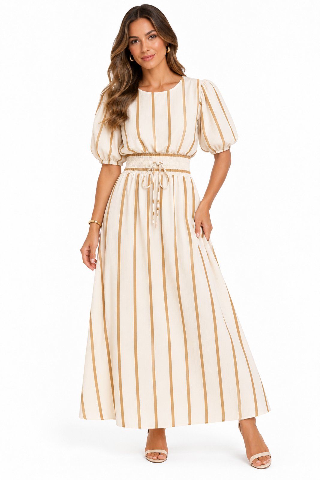 Vestido Longo D Bell Outlet Fashion Listrado Manga Bufante Bege