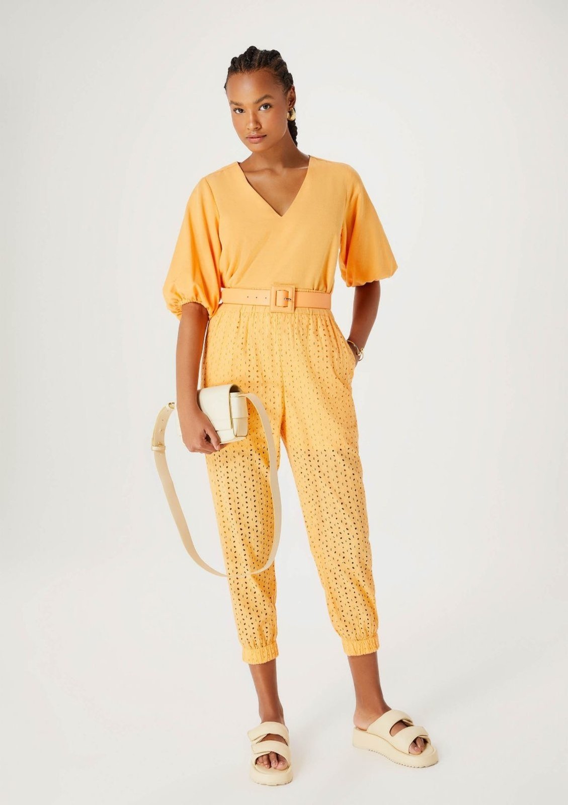 Calça Feminina Carrot Cintura Alta Em Laise – Laranja