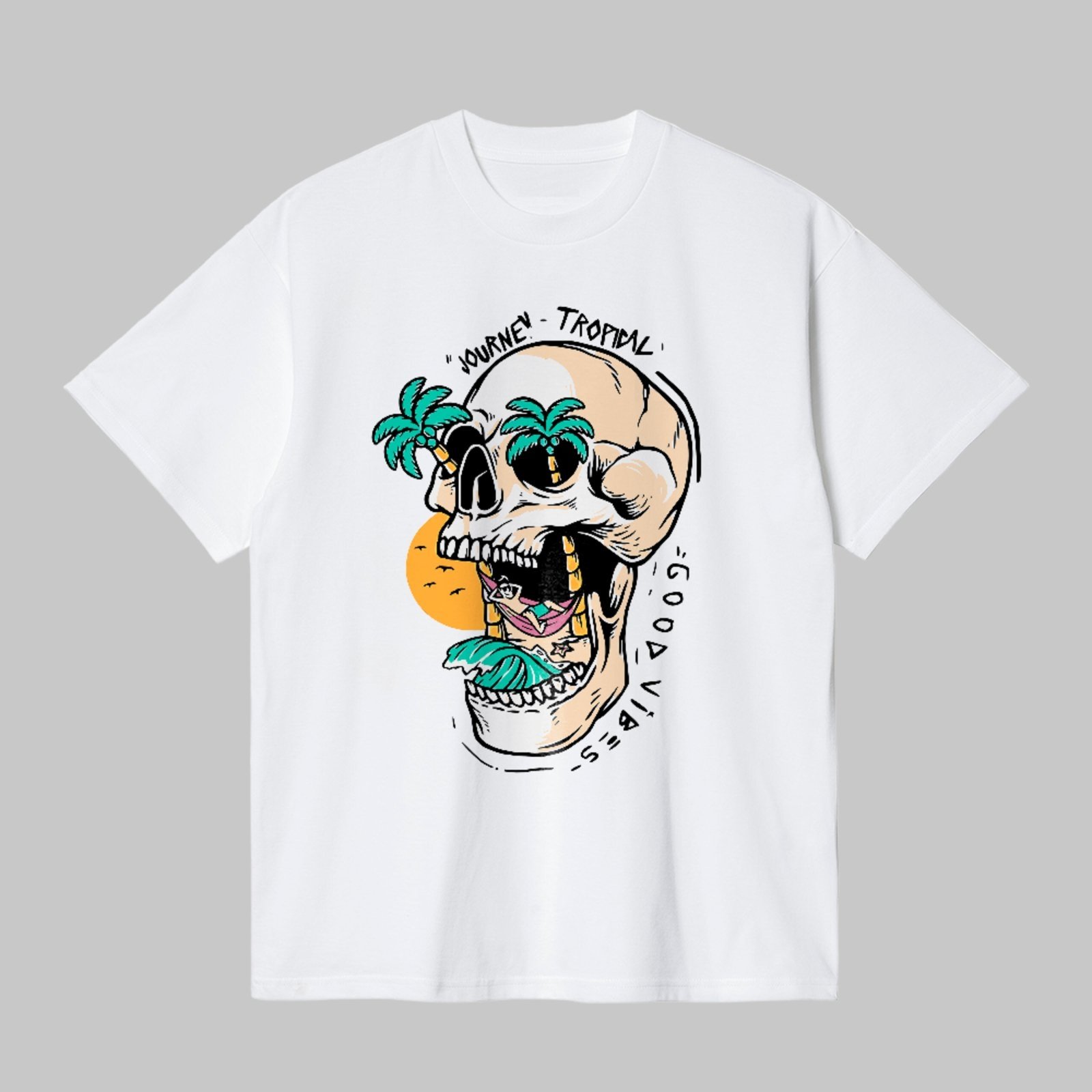 Camiseta Básica Caveira Tropical Praia Verão Streetwear Estilo Branco
