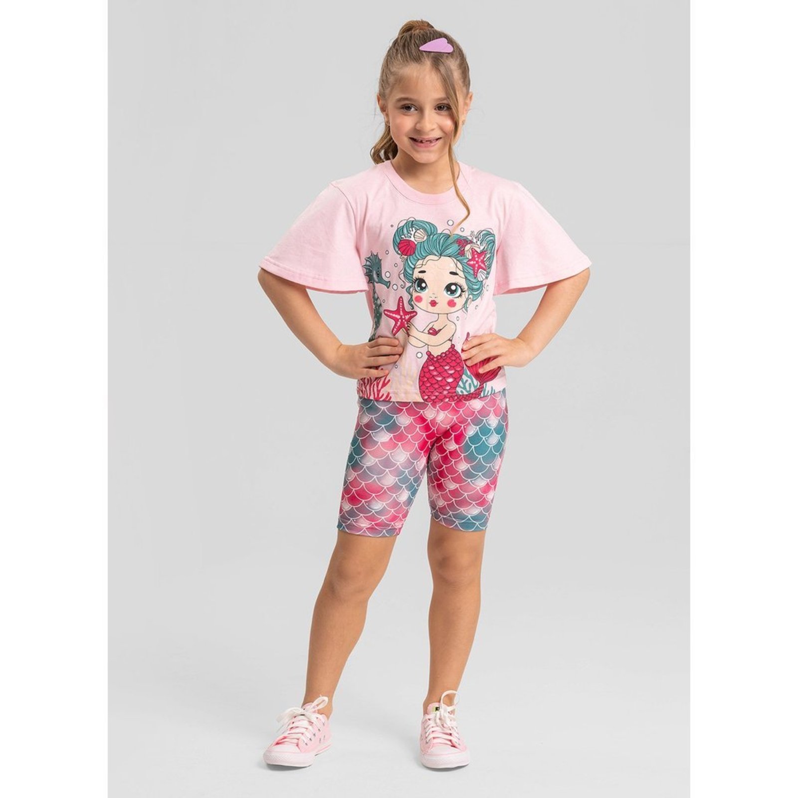 Infantil - Conjunto Verão Menina Rosa T-shirt com Babado e Shorts Ciclista Sereia