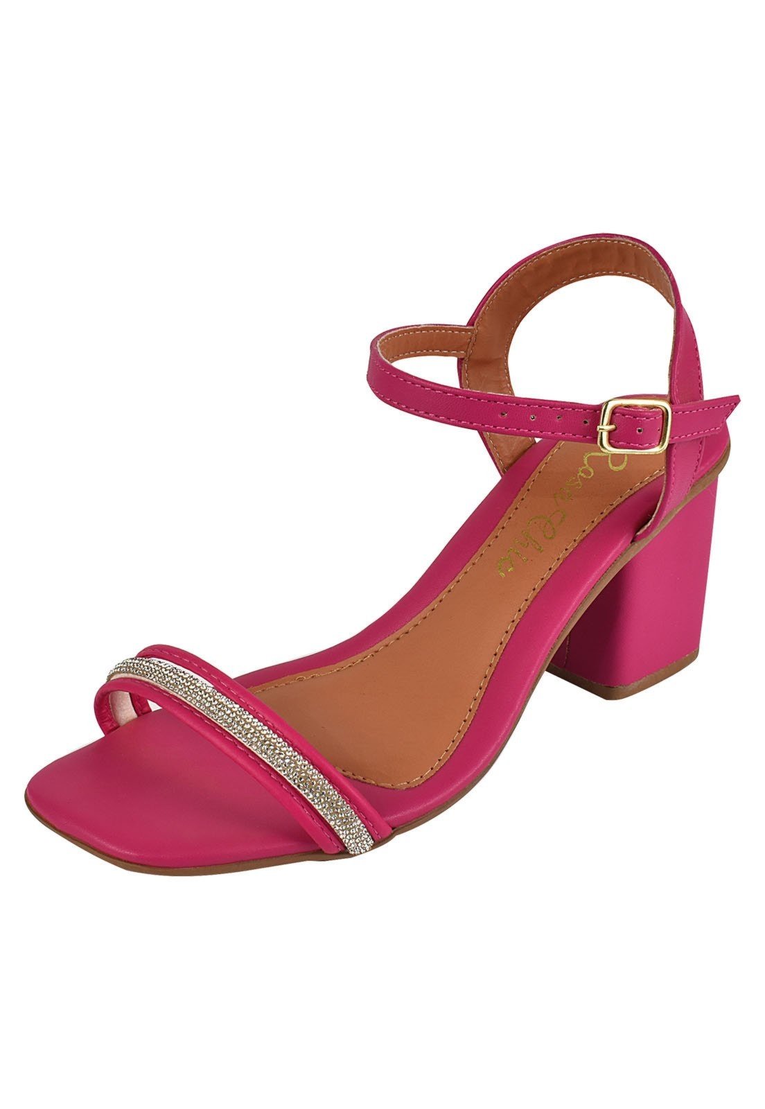Sandália Salto Grosso Rosa Chic Calçados Feminino Salto Alto Bloco Brilho Strass Bico Quadrado Pink