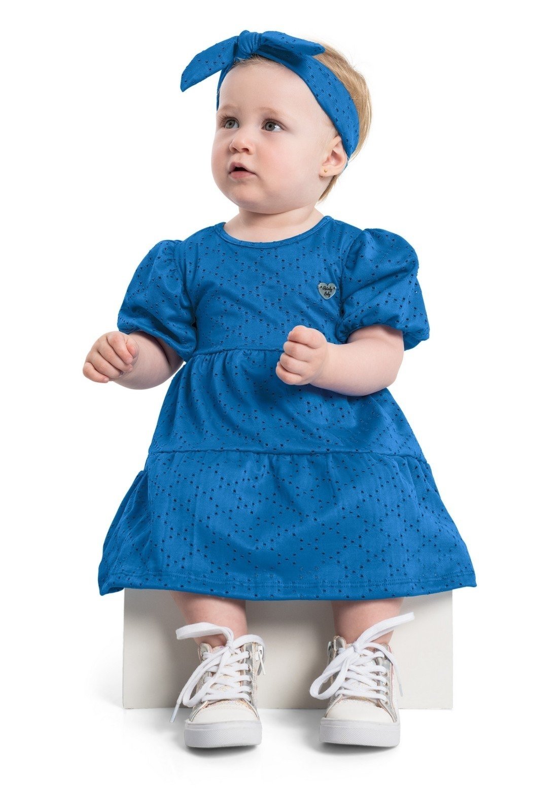 Infantil - Vestido de Manga Curta e Faixa de Cabelo Quimby Azul