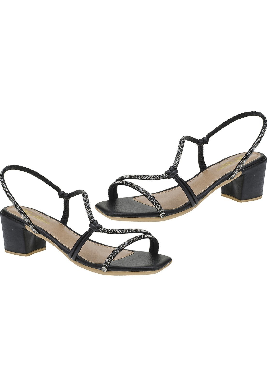 Sandália Feminina Salto Bloco Brilho Strass Saltinho Medio Confortavel Casual 239 Ana Brito Preto
