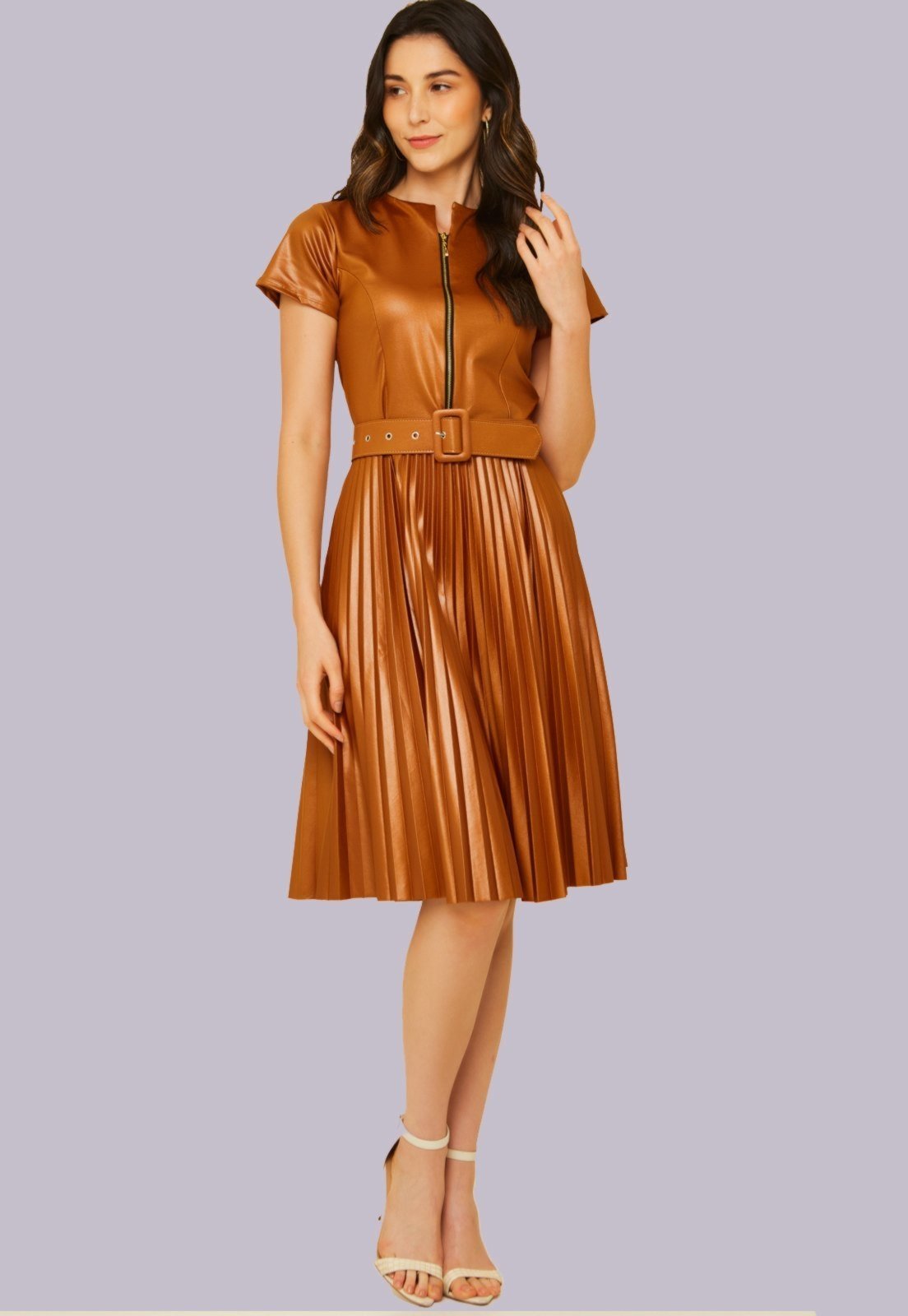 Vestido Cirre Decote zíper Plissado Caramelo Mostarda