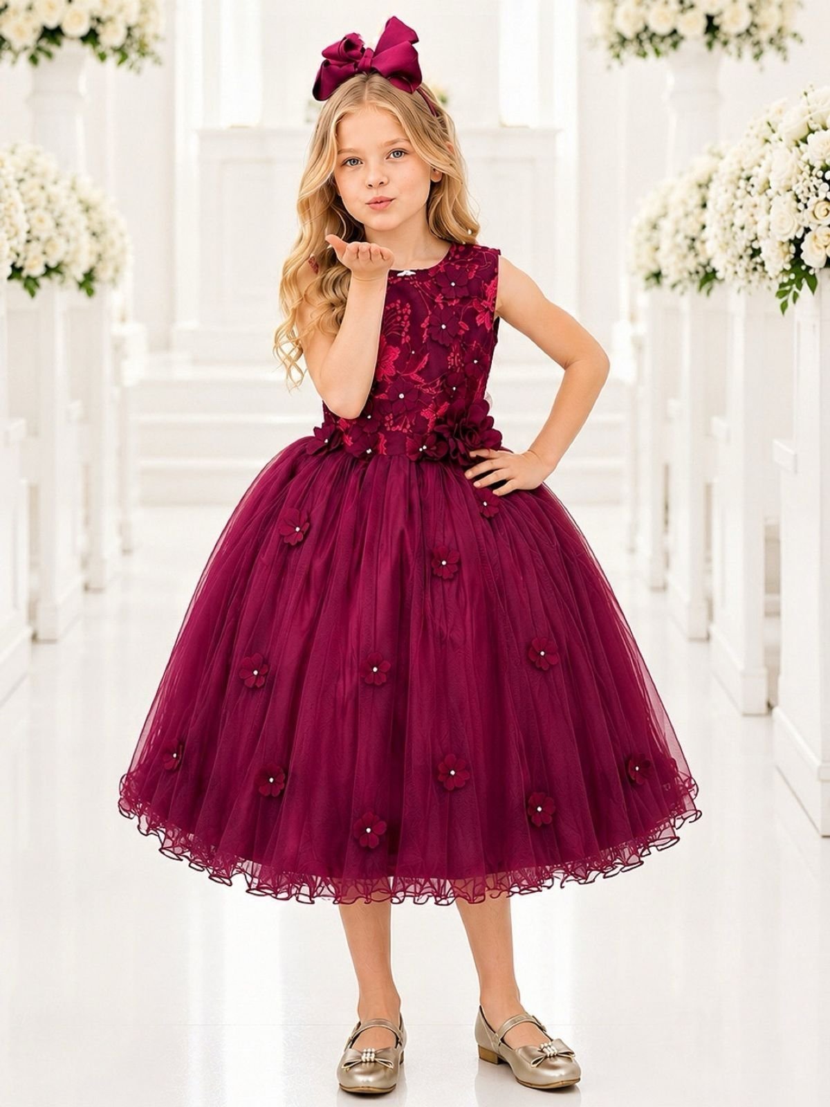 Infantil - Vestido Festa Marsala Bordô Vinho Flores Formatura Florista Casamento Renda Dama Daminha Social Menina Juvenil Pérolas Princesa Rodado Aniversário Luxo