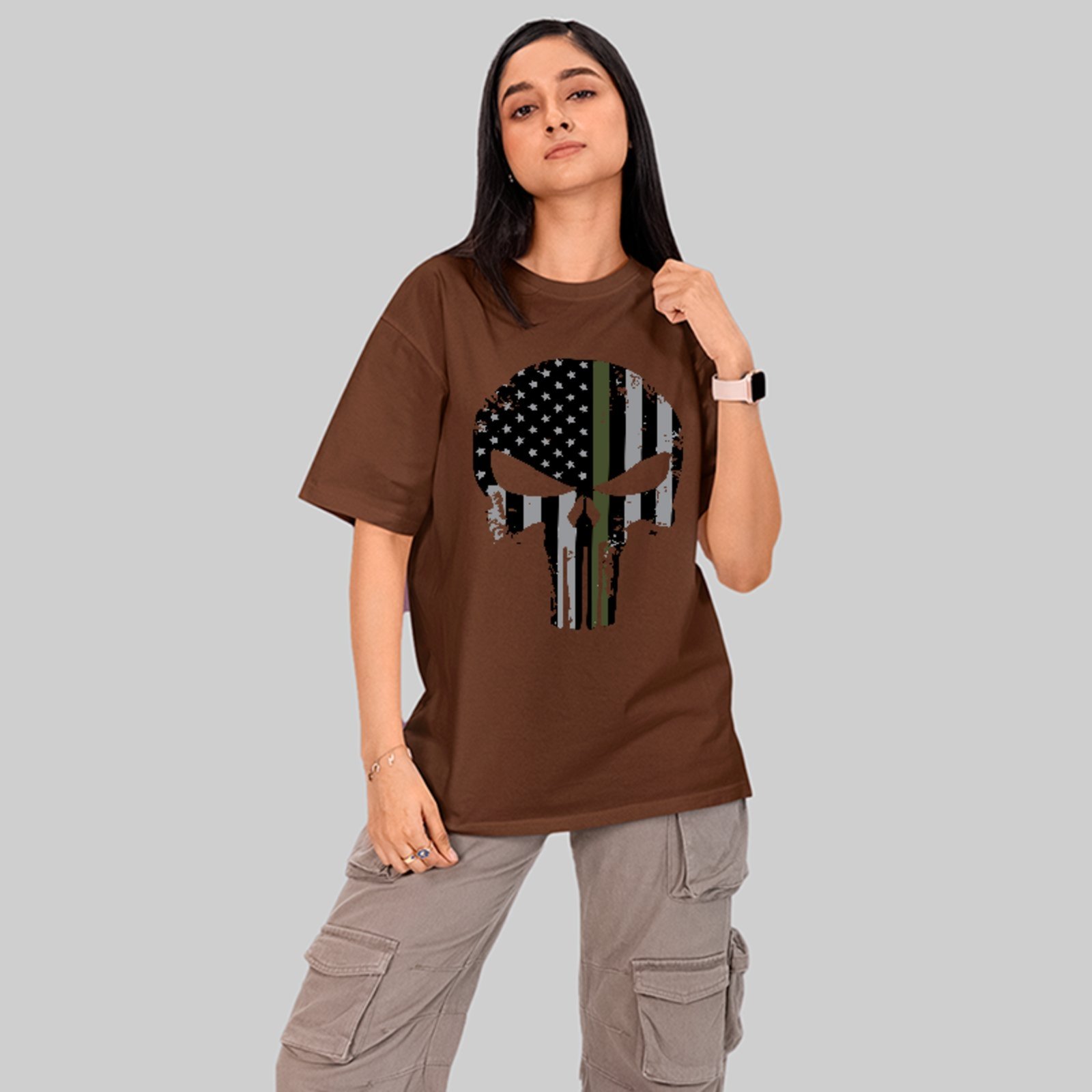 Camiseta Oversized Premium Punisher Caveira Militar American Flag Style Unissex Marrom