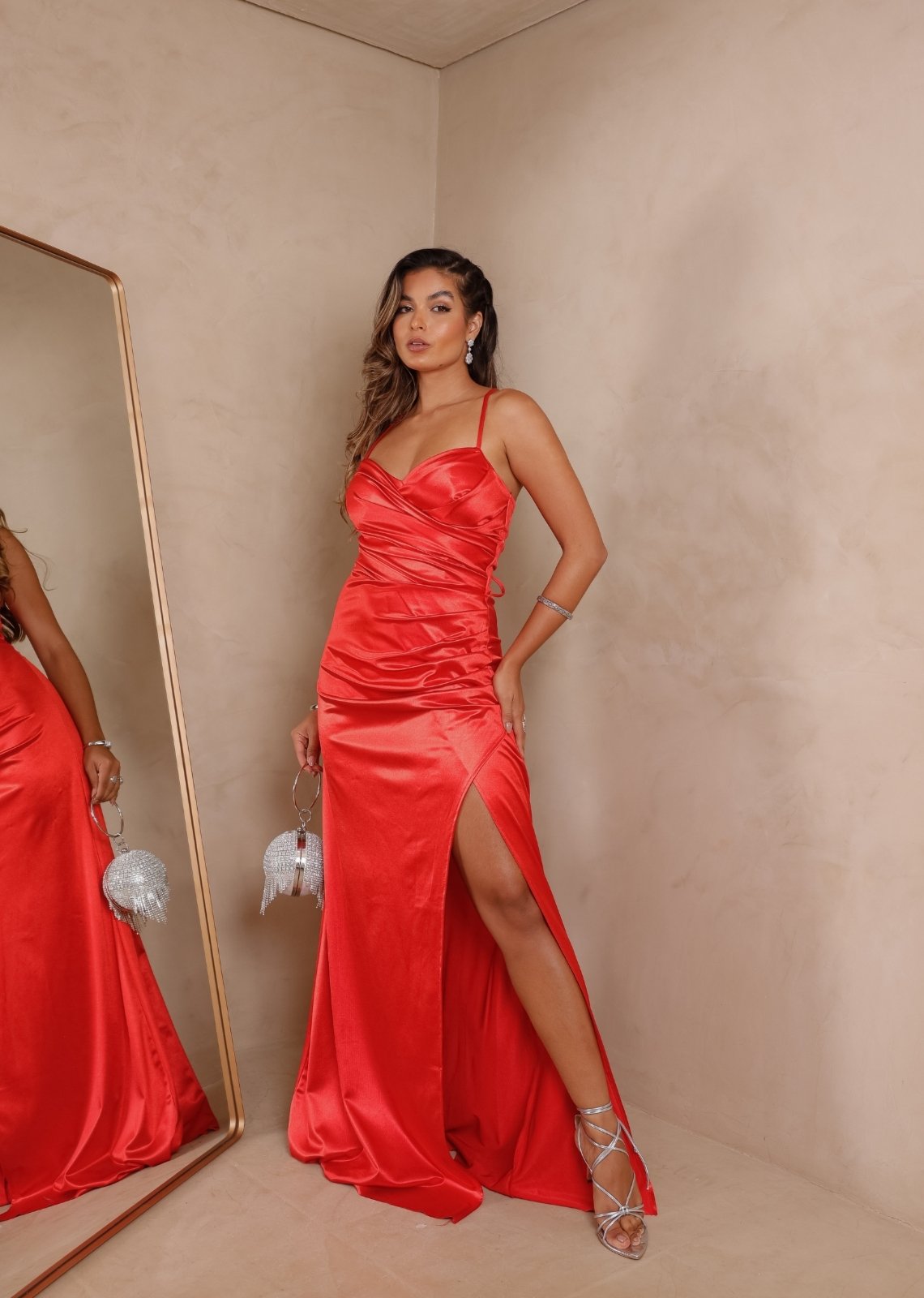 Vestido Longo de Festa Madrinhas Alcinha Sereia Acetinado com Fenda Gagine Cia do Vestido Vermelho