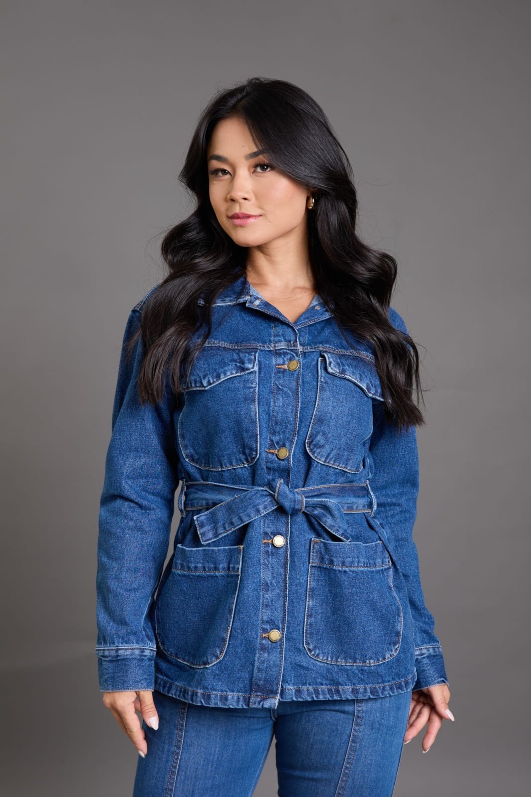 Jaqueta Jeans Feminina Parka Lemier Azul Escuro com Cinto Incluso