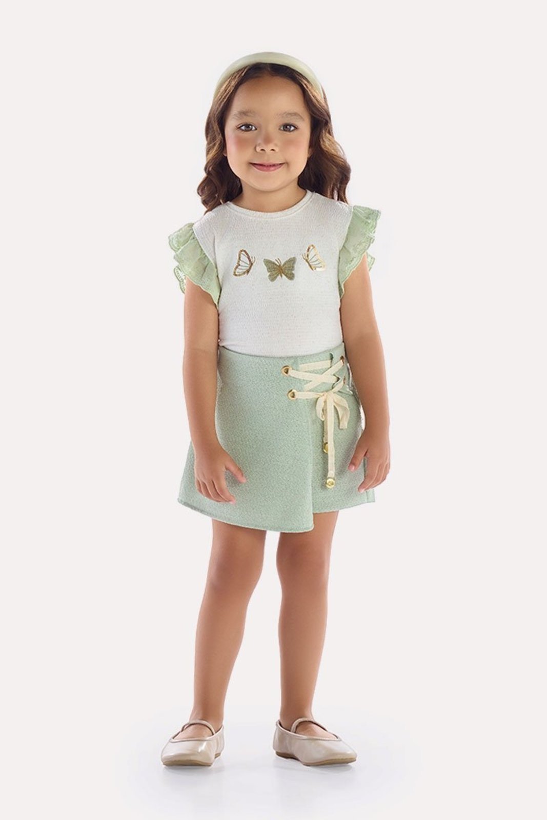 Infantil - Conjunto Blusa em Malha Texturizada com Short-Saia Verde