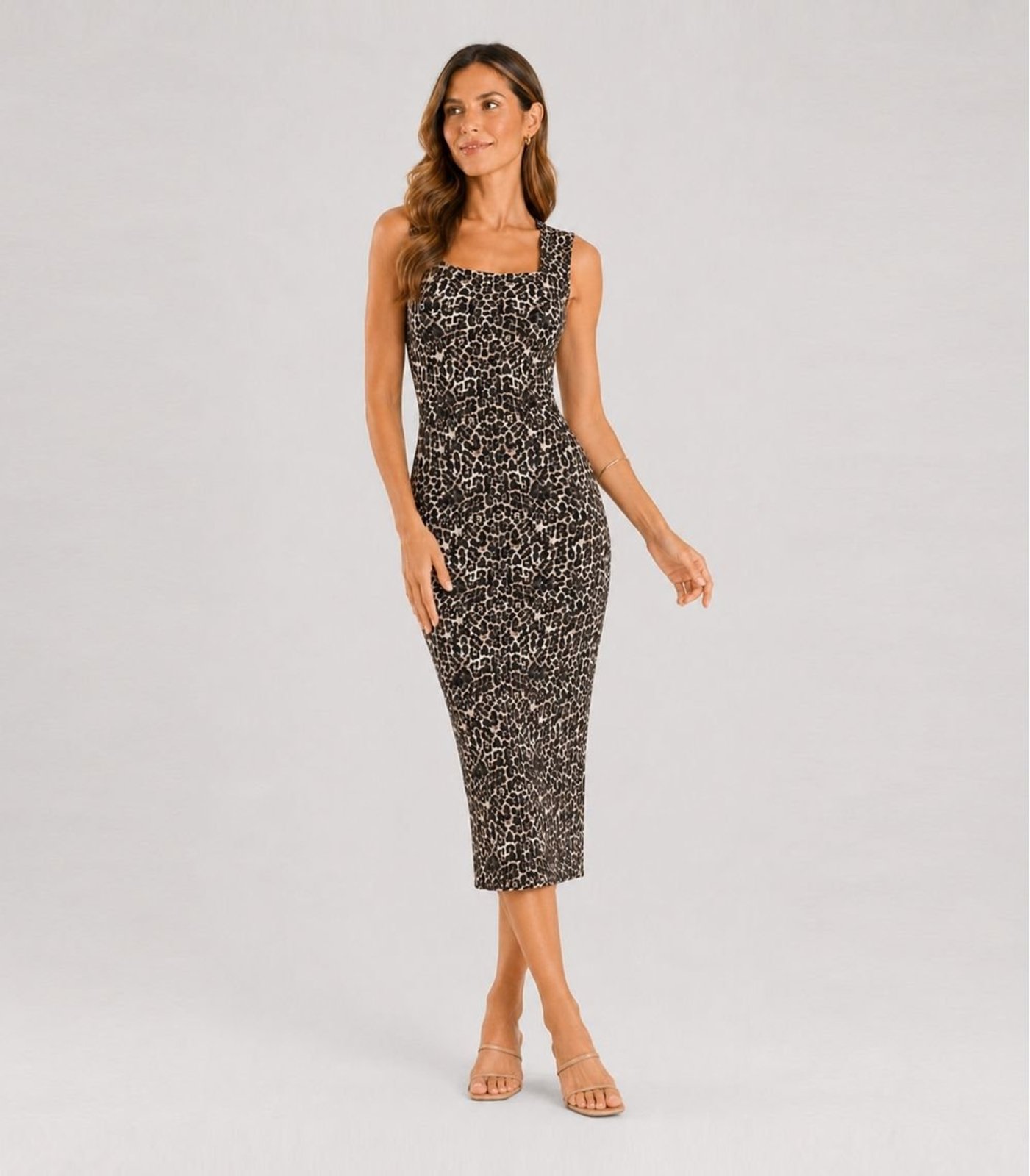 Vestido Midi Estampado Malha Cotton Infinita Cor Bege