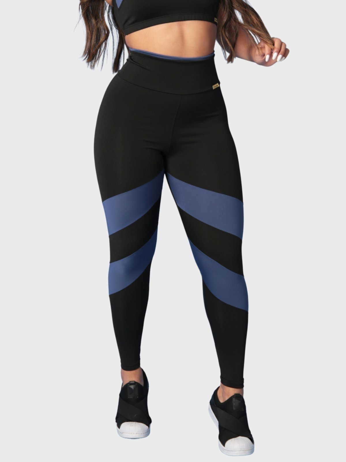 Calça Legging Fitness Tarelles Cintura Alta Preto e Azul