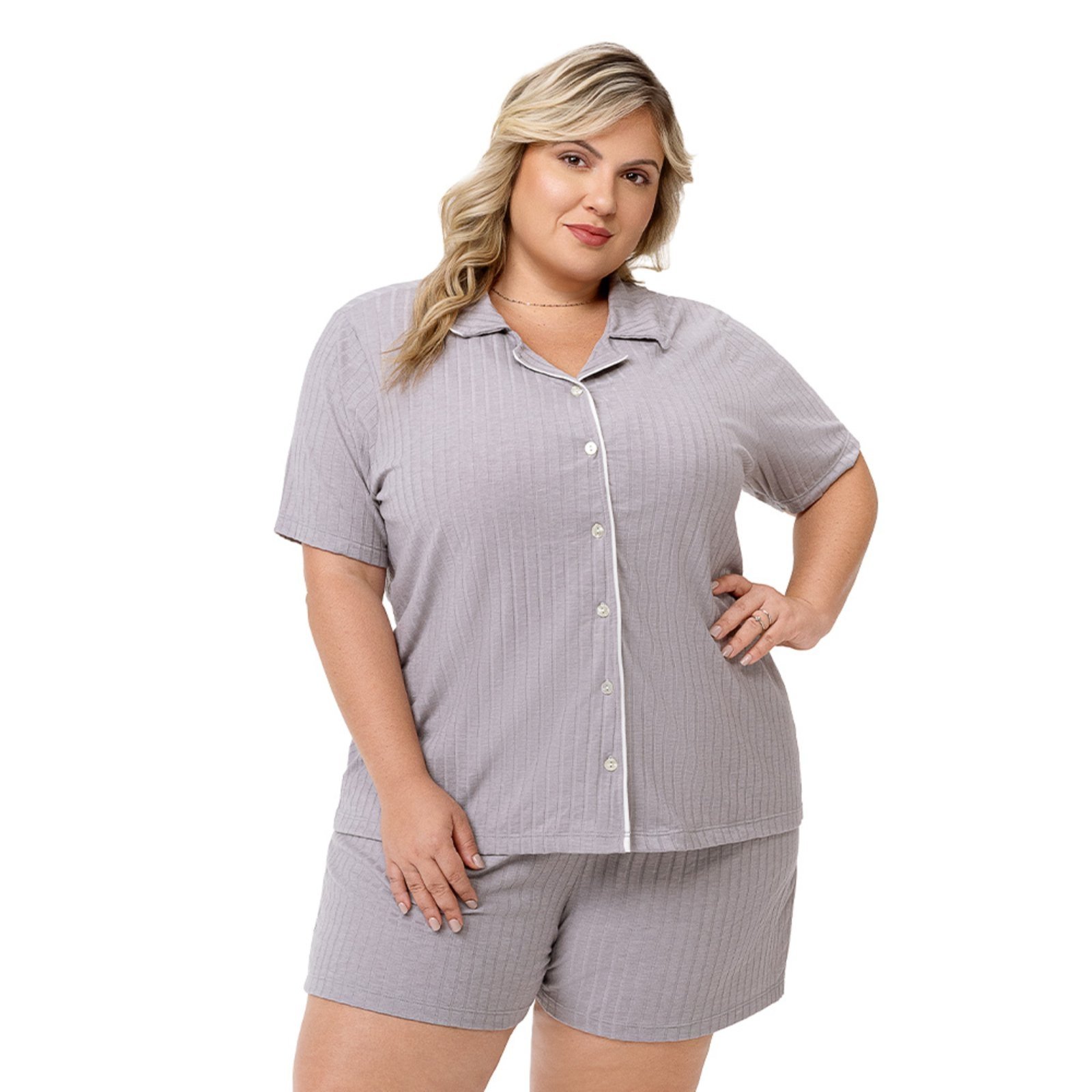 Pijama Curto Abertura Frontal com Botões Plus Size Mescla