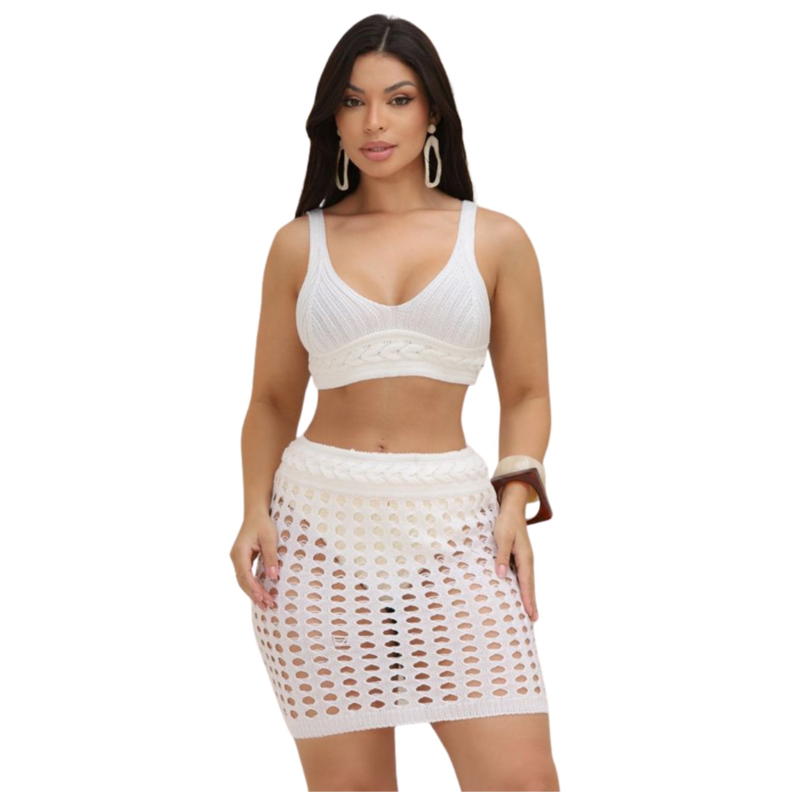 Conjunto Feminino Tricot 2 Peças Praia Verão Saia Rendada + Top