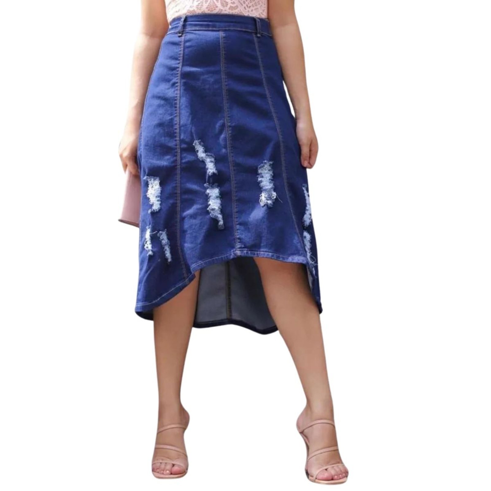 Saia Jeans Rasgada Feminina Alleppo Jeans Denise Destroyed Moda Evangelica