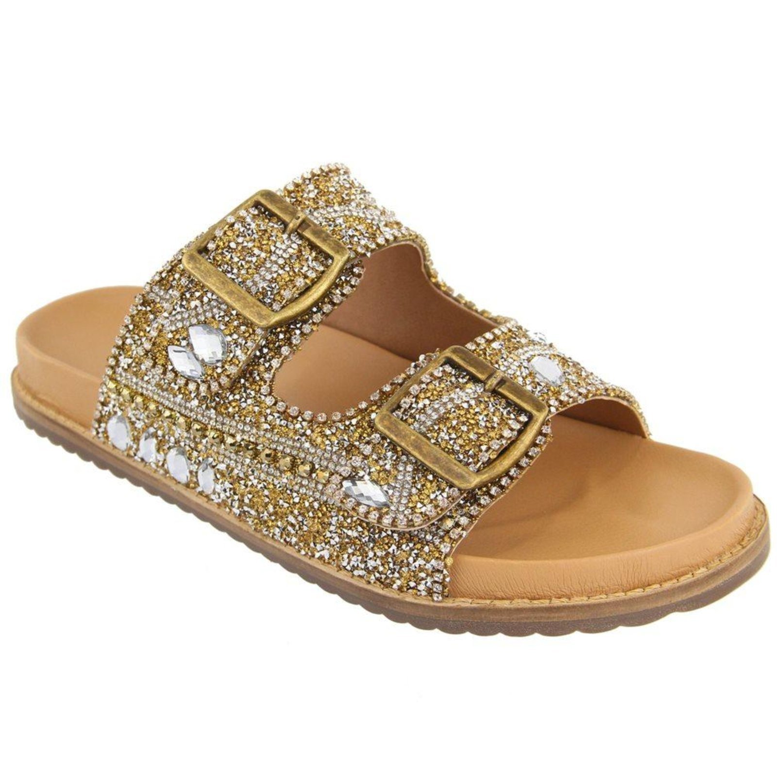 Sandália Feminina Papete Flatform Pedraria Brilho Fivela Preto 33 Dourado