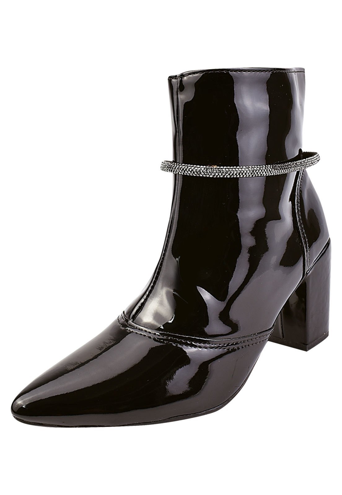 Bota Cano Curto ROSA CHIC CALÇADOS Bico Fino Salto Baixo Coturno Zíper Feminino Enfeite Removível Brilho Vinil Preto