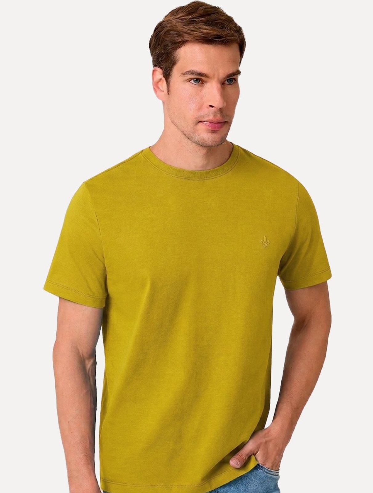 Camiseta Dudalina Masculina Essentials Modal Logo Amarelo Mostarda