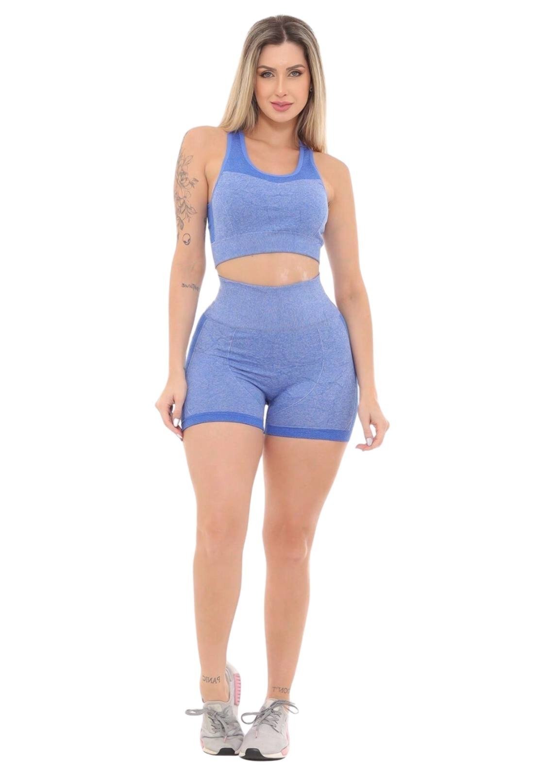 Conjunto Top e Shorts GARAIS MODA Fitness Azul Royal