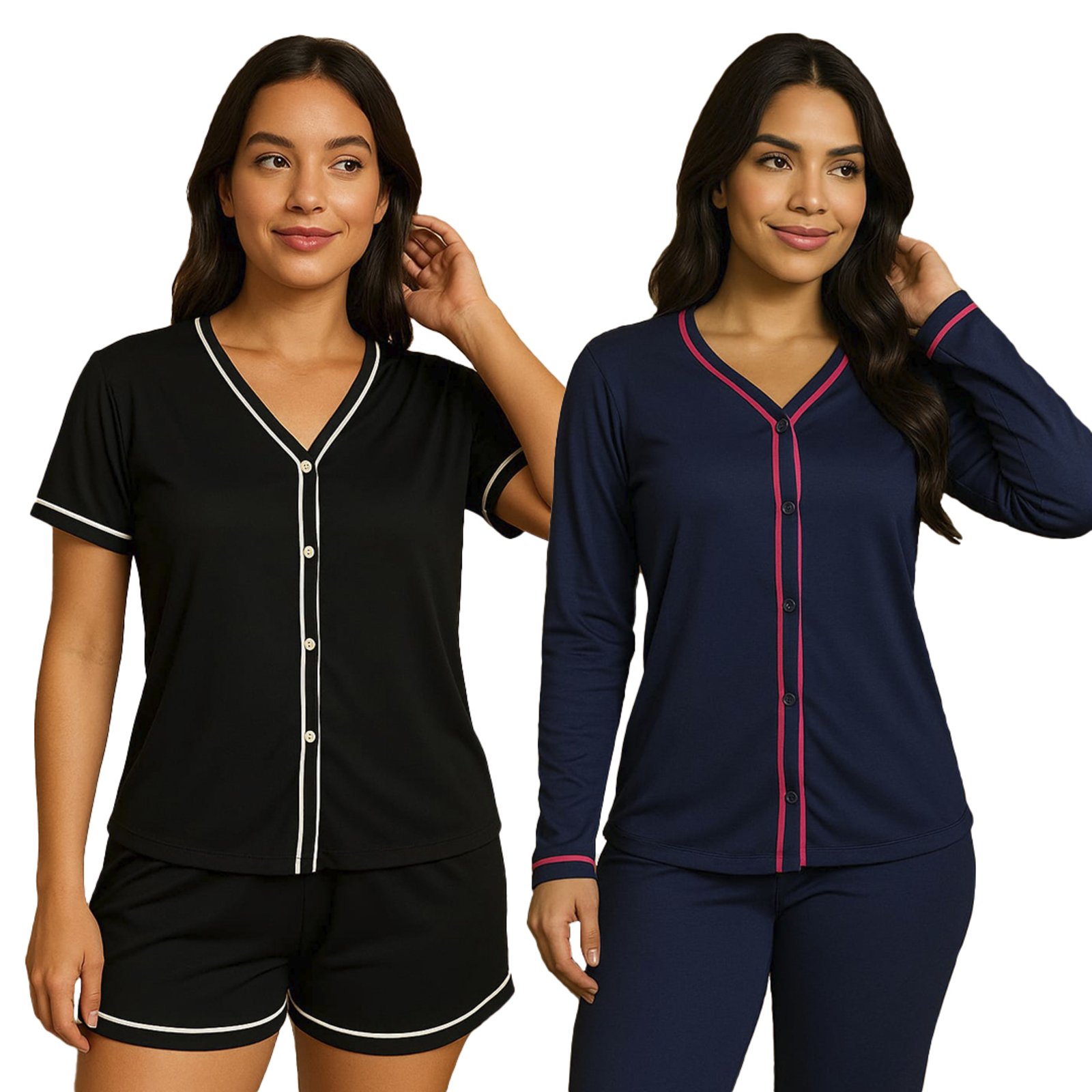Kit 2 Pijamas Gabi Lingerie Estilo Blogueira Manga Curta e Manga Comprida Modelagem Perfeita Elegante Moda Feminina Multicolorido