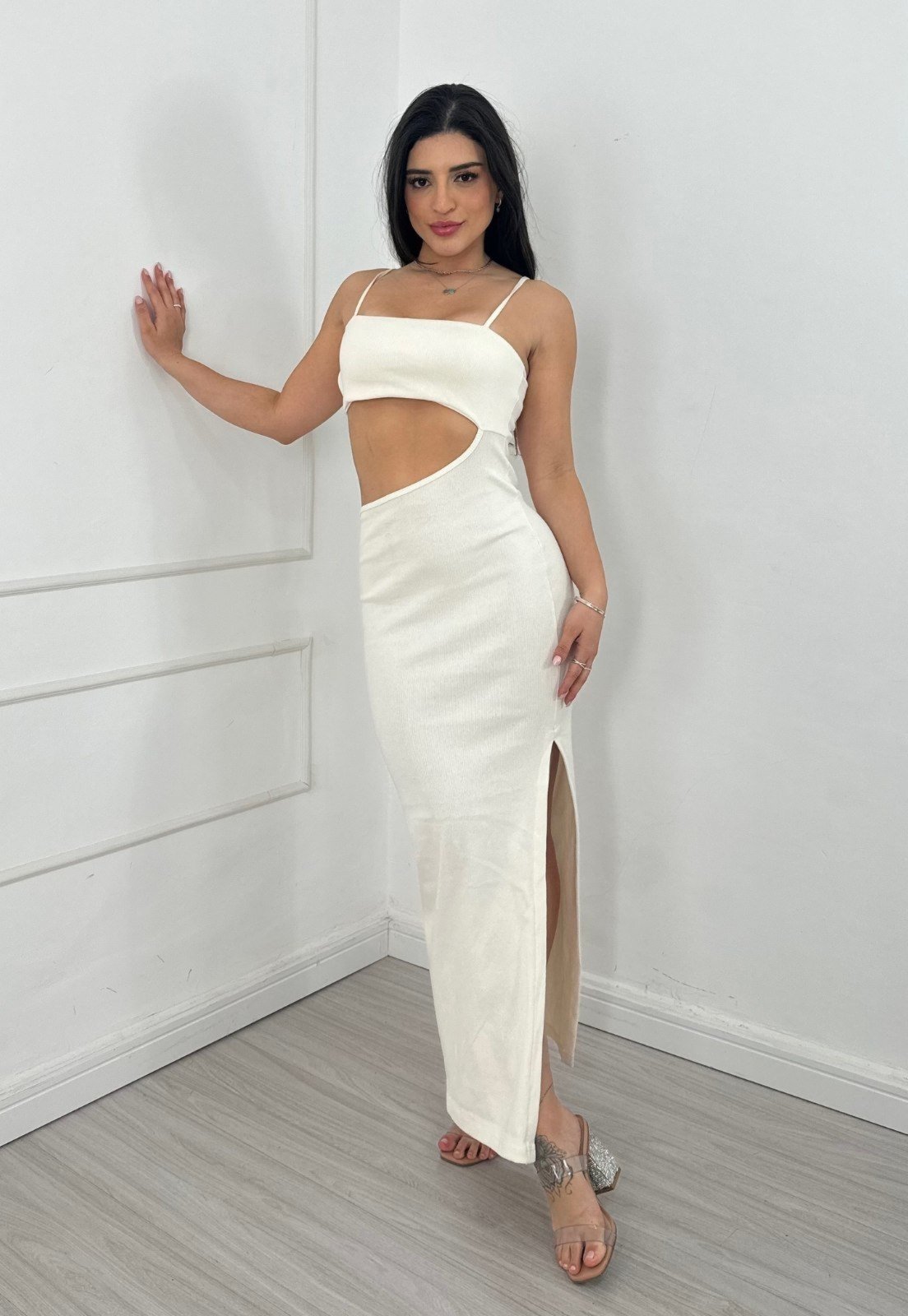 Vestido Longuete Canelado Midi tubinho Agnes Abertura Lateral Branco