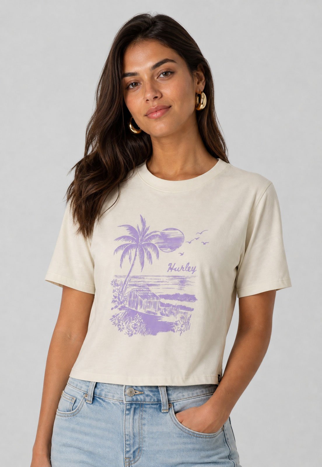 Camiseta Hurley Cropped Estampa Tropical Bege