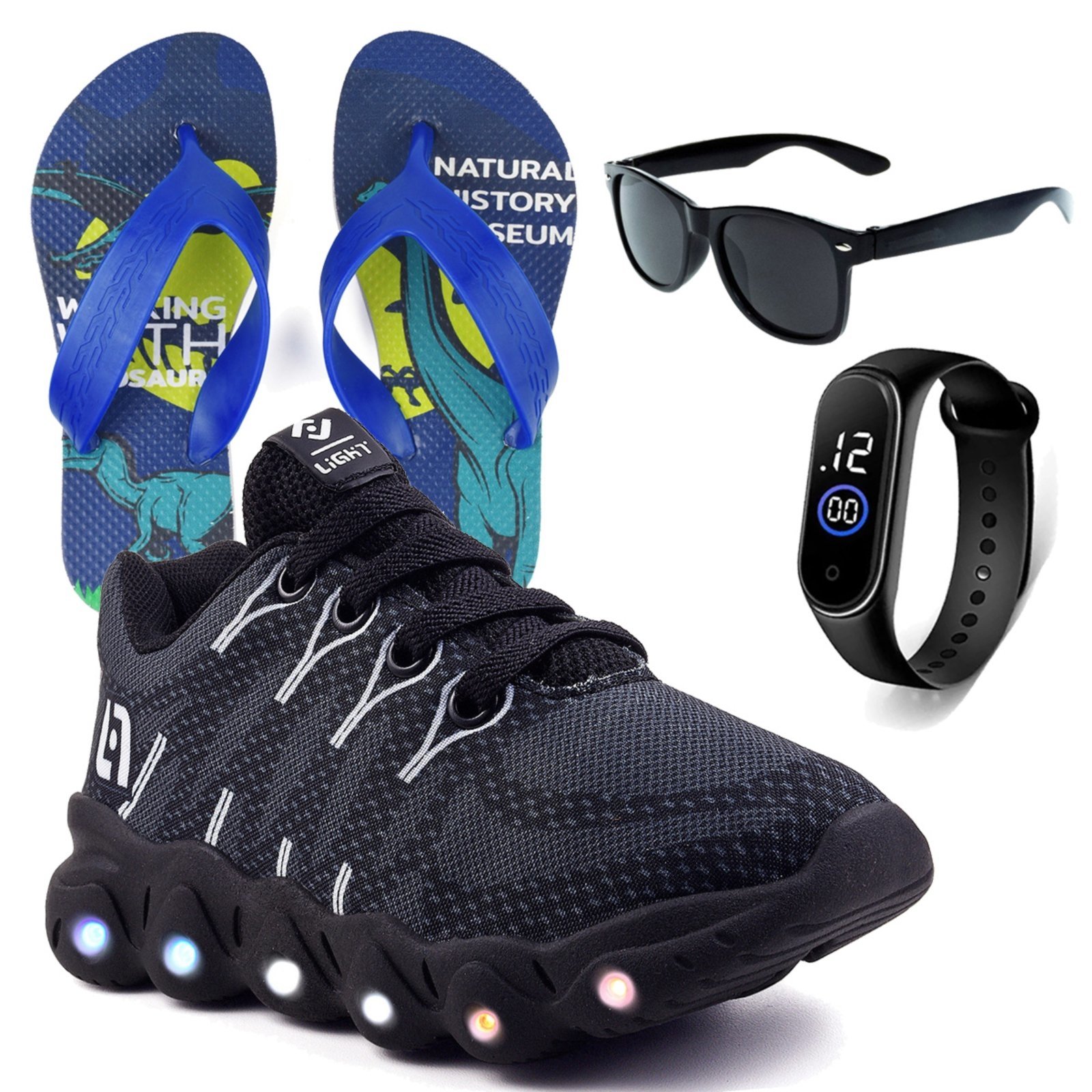 Vista 2 Infantil - Tenis De Led Meninos Casual Com Luzes + Chinelo Óculos e Relógio CALCADOS LGHT LIGHT preto CALCADOS LGHT LIGHT preto