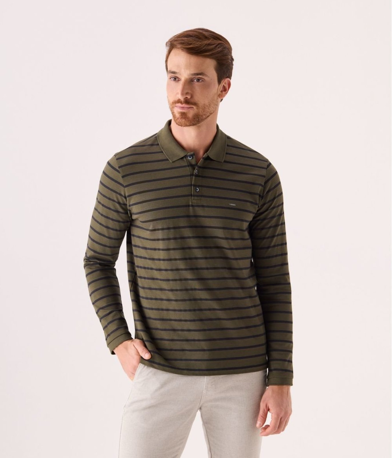 Camiseta Makenj Manga Longa Listrada Masculina Verde Oliva