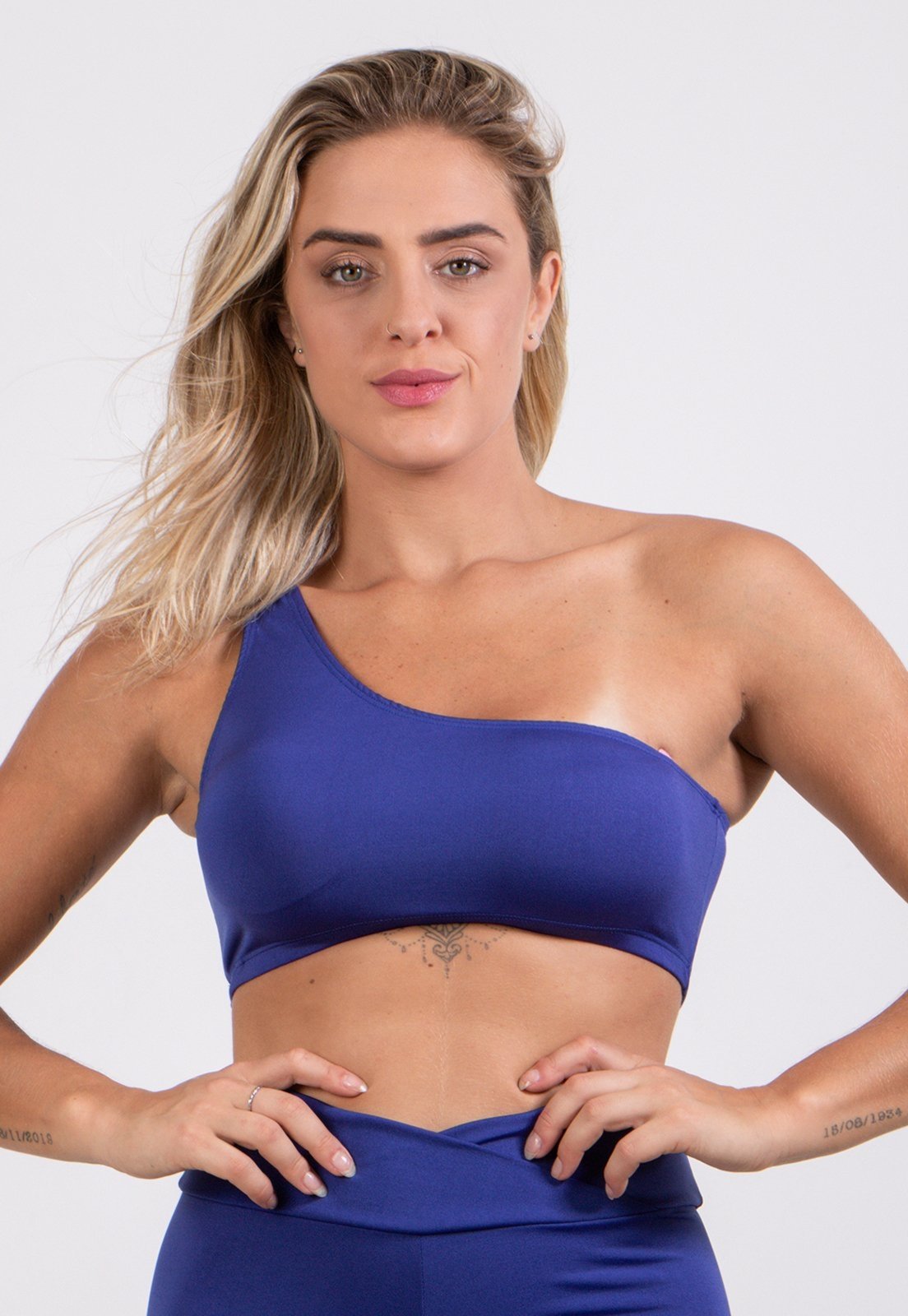 Top Um Ombro 4 Estações Cropped Azul Royal