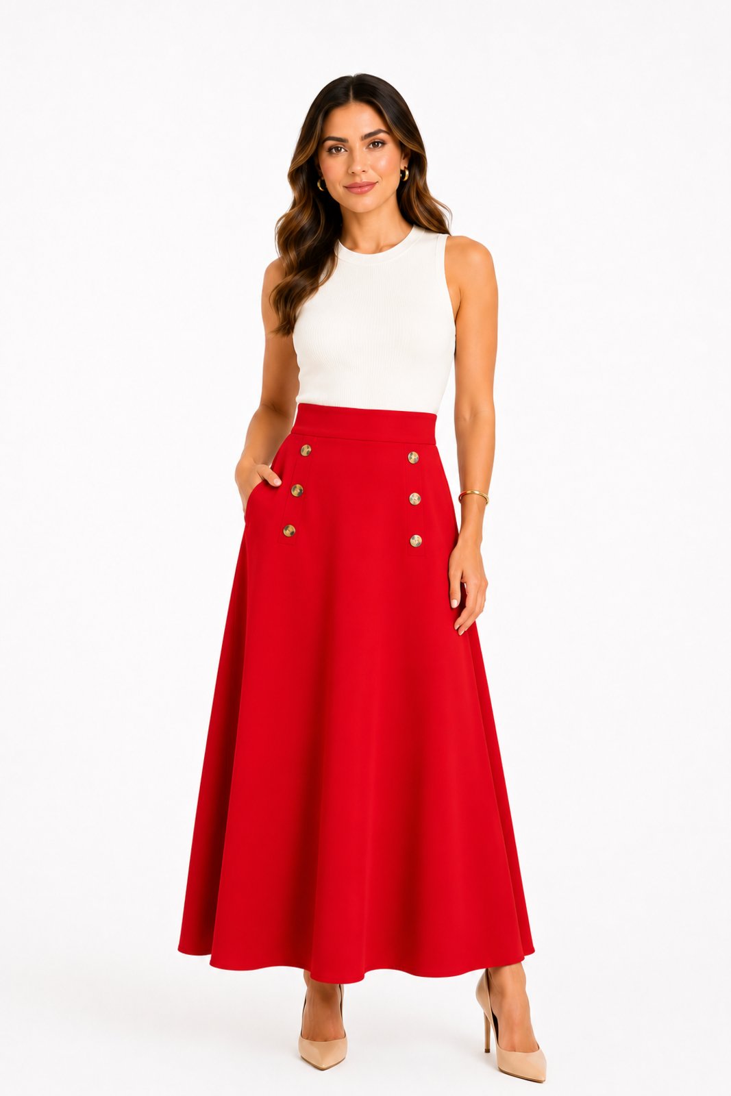 Saia Midi D Bell Outlet Fashion Botões Vermelho